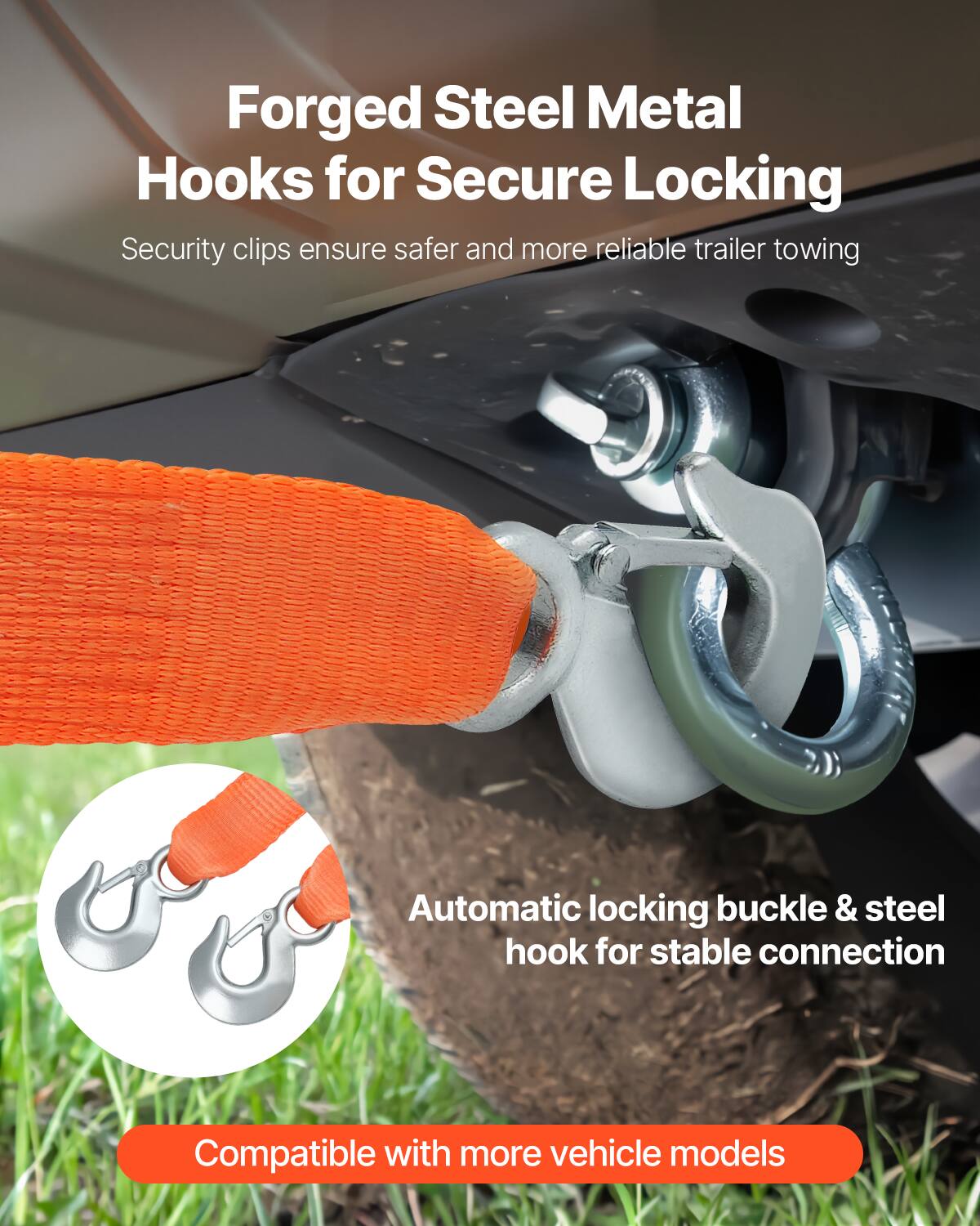 Forged Steel Metal Hooks for Secure Locking

Security clips ensure safer and more reliable trailer towing

Automatic locking buckle & steel hook for stable connection

Compatible with more vehicle models