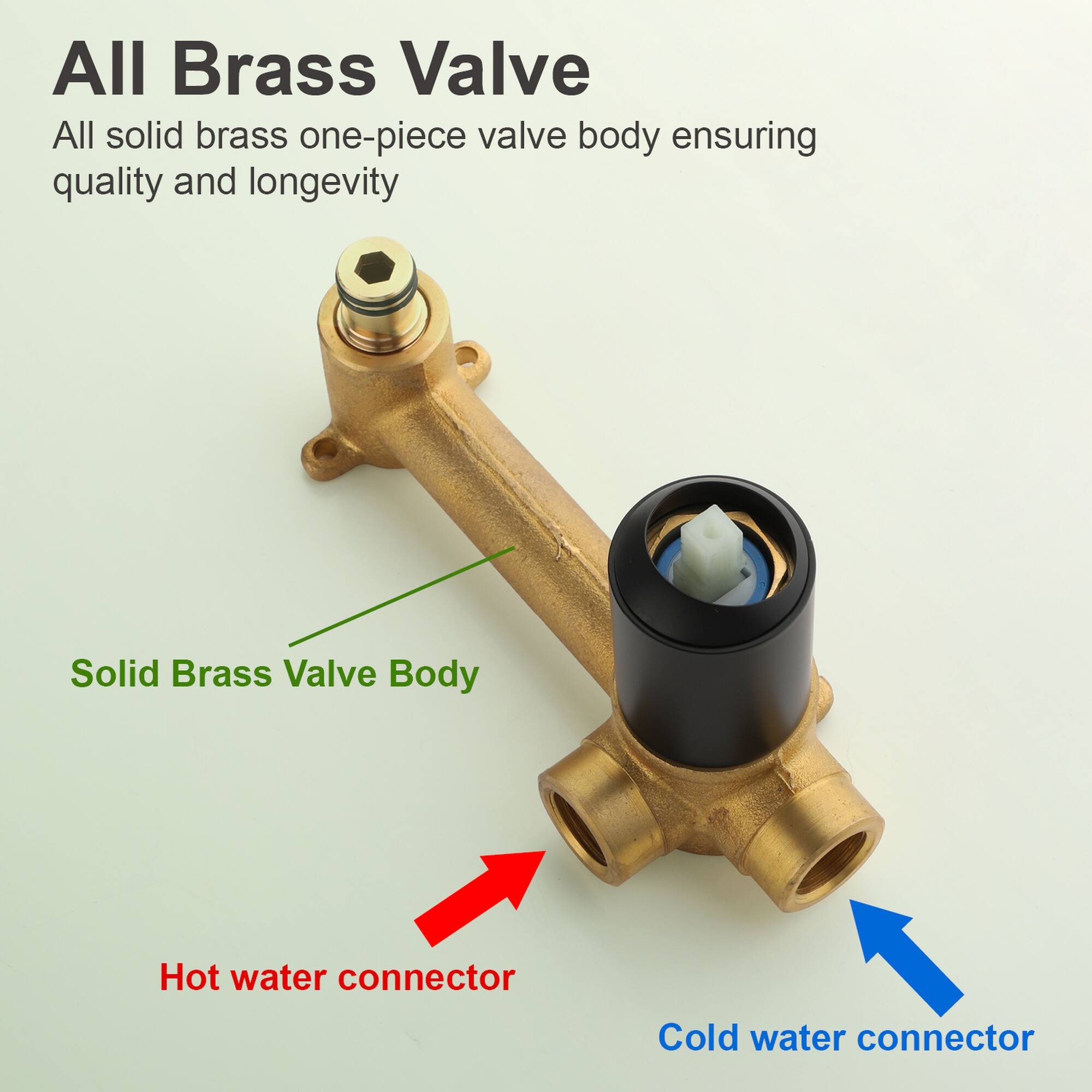 All Brass Valve  
All solid brass one-piece valve body ensuring quality and longevity  

Solid Brass Valve Body  
Hot water connector  
Cold water connector