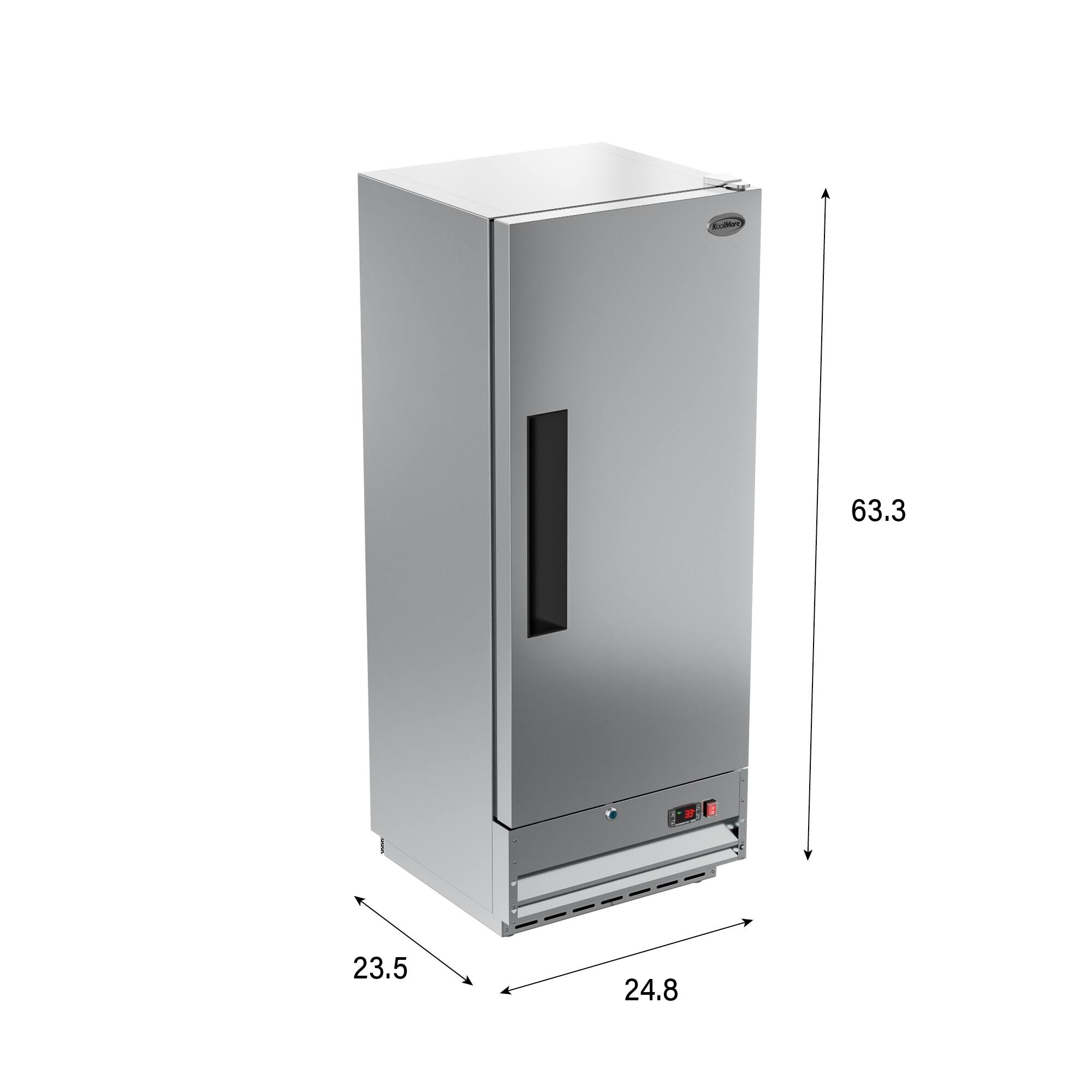 The text on the image reads "E 63.3 23.5 24.8." This information is likely related to the dimensions of the stainless steel box or refrigerator. The numbers "63.3" and "23.5" represent the height and width of the appliance, respectively, while "24.8" might be the depth or a measurement of the interior space.