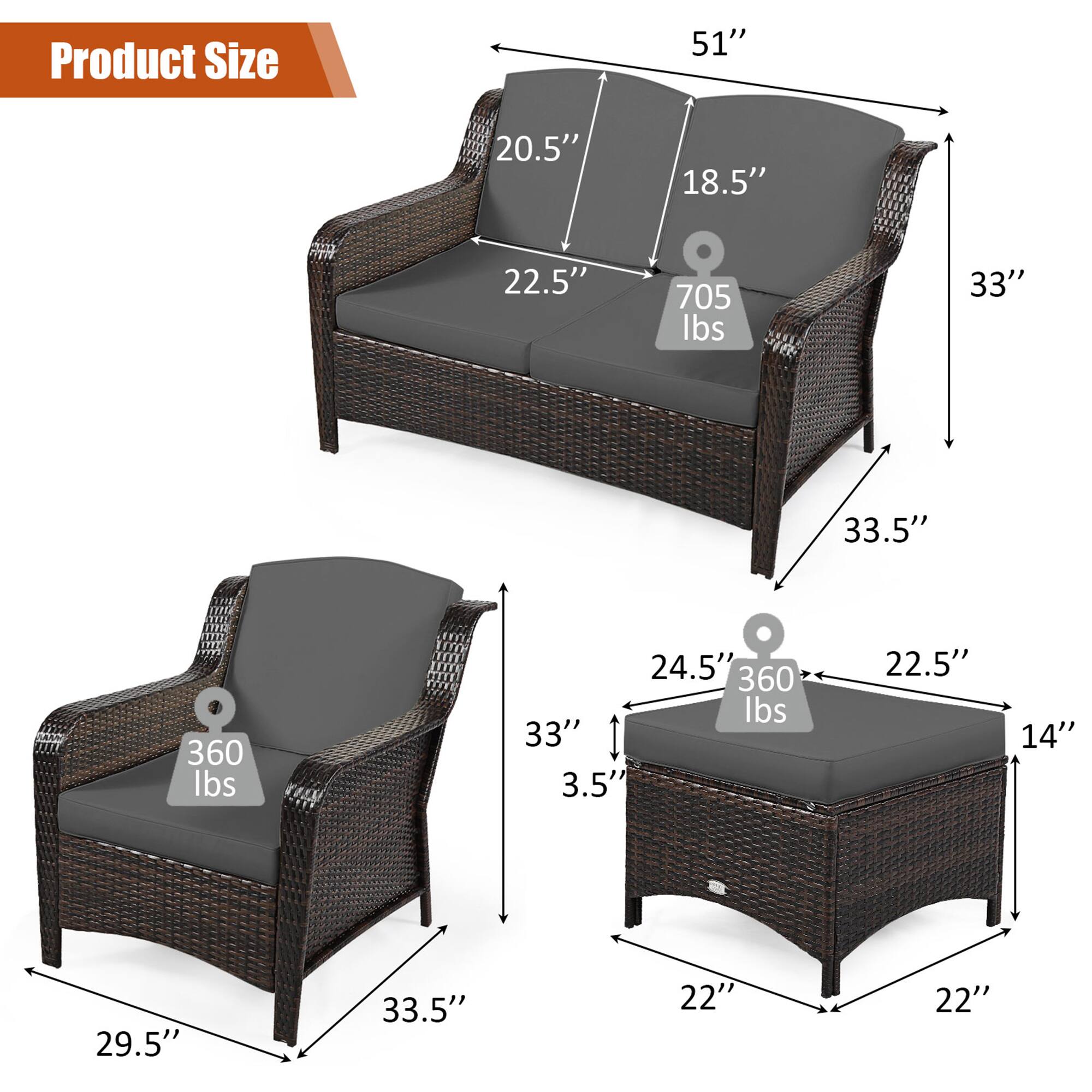 Product Size

- Sofa: 51" W x 33" H x 20.5" D
- Armchair: 33.5" W x 33" H x 29.5" D
- Coffee Table: 22" W x 22" D x 14" H

Weights:
- Sofa: 705 lbs
- Armchair: 360 lbs
- Coffee Table: 360 lbs