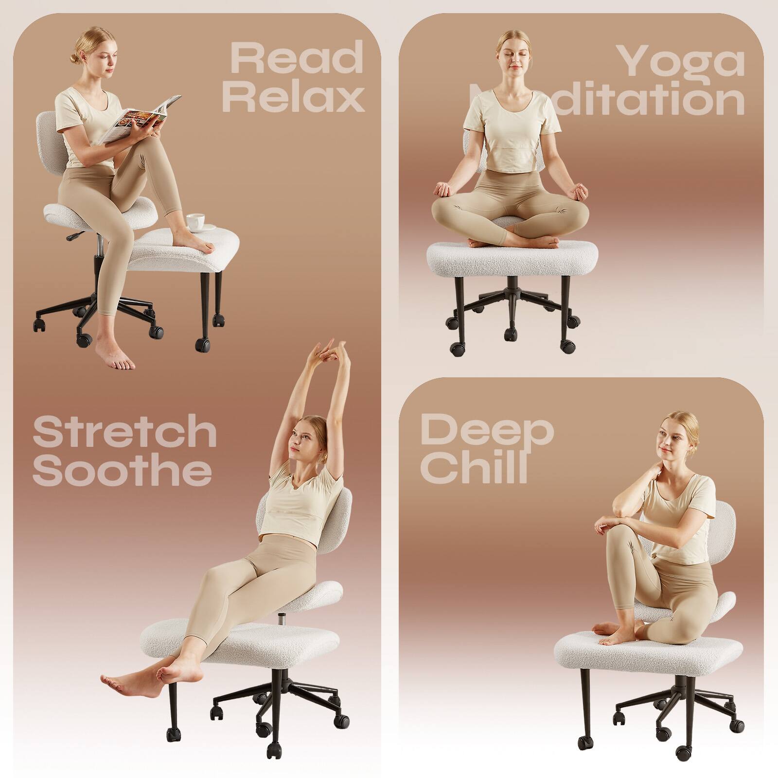 Read Relax  
Yoga Meditation  
Stretch Soothe  
Deep Chill