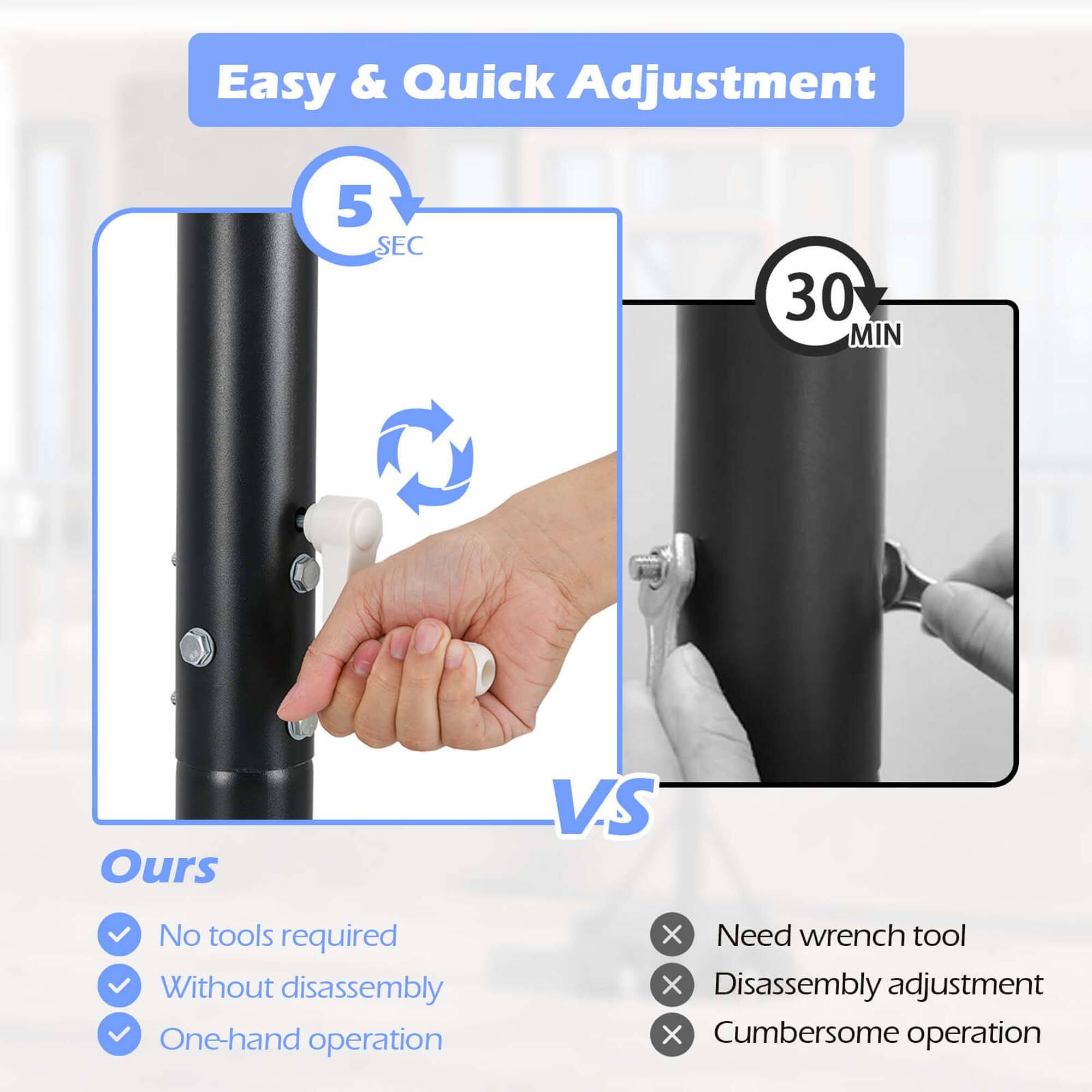 Easy & Quick Adjustment

5 SEC

Ours
- No tools required
- Without disassembly
- One-hand operation

VS

30 MIN

- Need wrench tool
- Disassembly adjustment
- Cumbersome operation