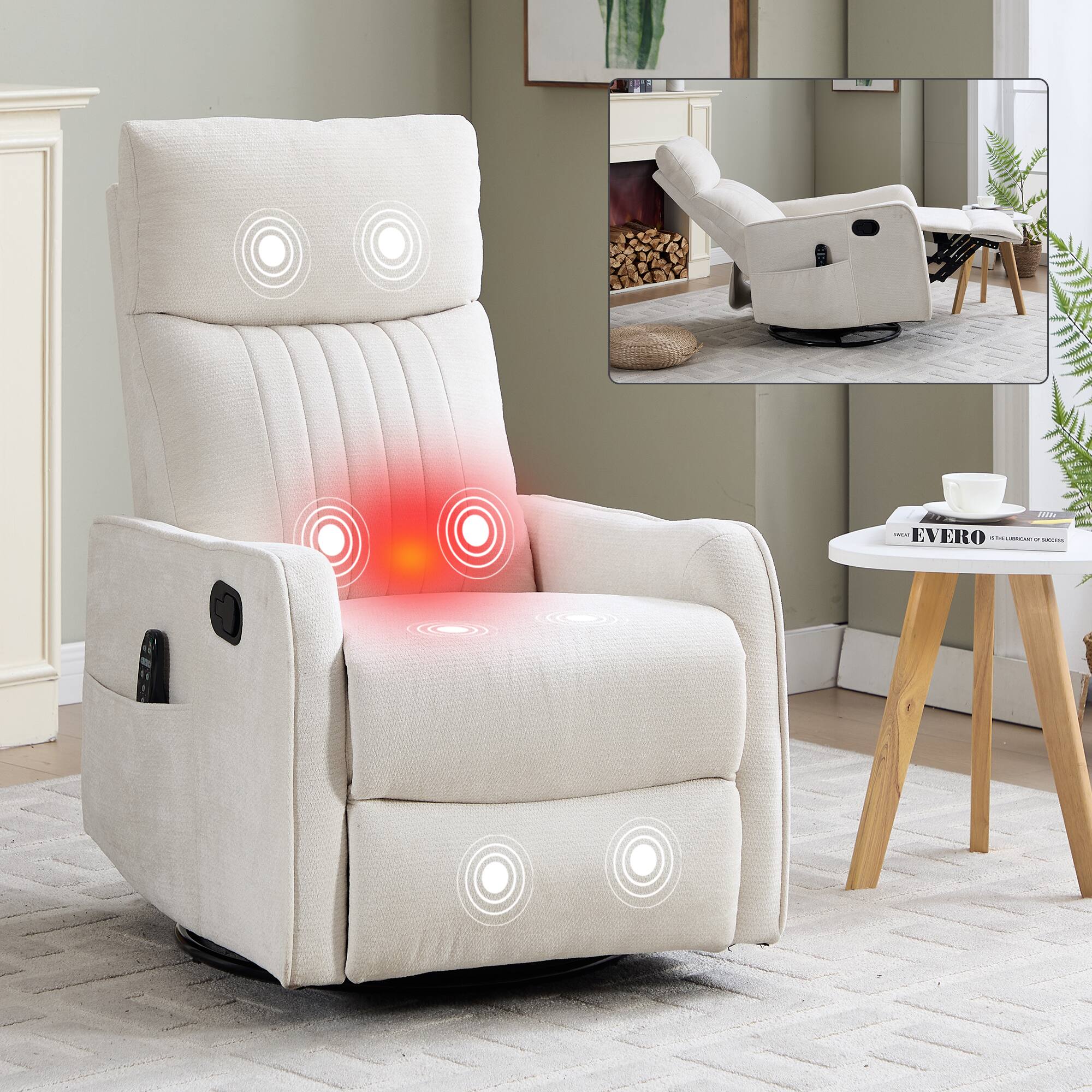 Angle. LUCKY ONE - Chenille Manual Recliner Chair with 360° Swivel, Rocker, Massage and Lumbar Heat - Beige.