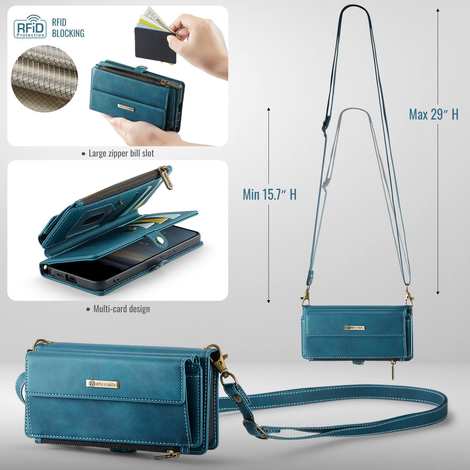 RFID Protection  
RFID BLOCKING  

- Large zipper bill slot  
- Multi-card design  

Max 29" H  
Min 15.1" H