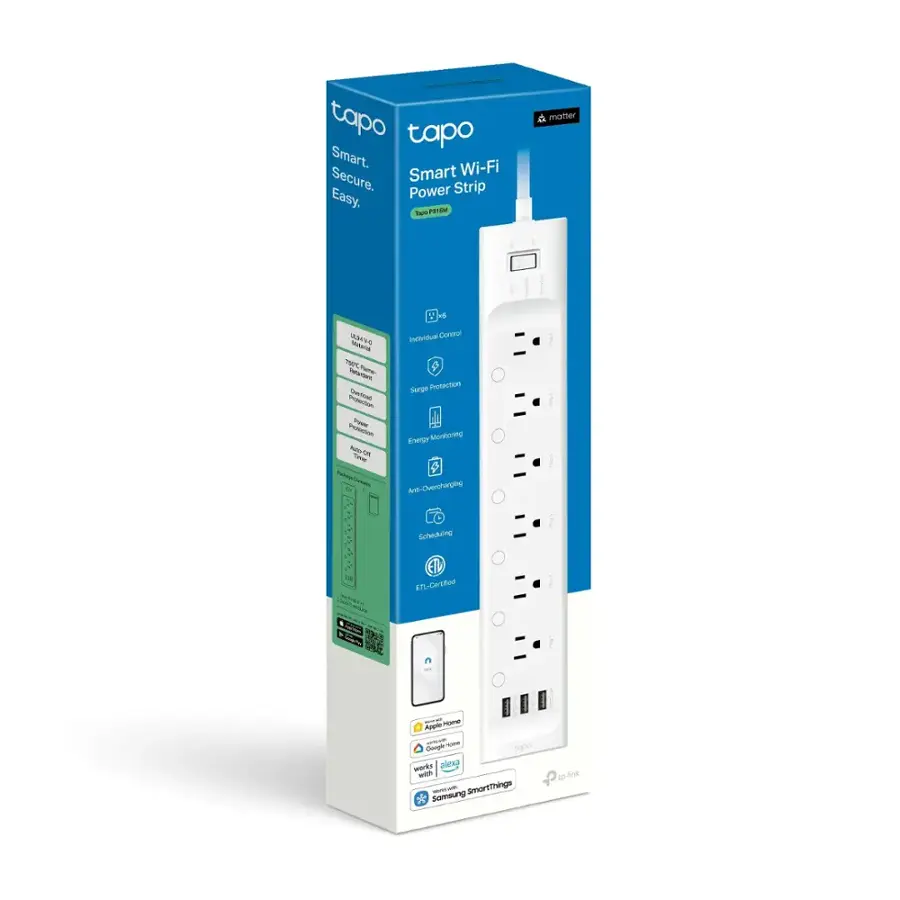 tapo tapo Smart. Wi-Fi Secure. Smart Power Strip Easy. Tapo PH-SM1. - Matter - - TP - mhane - - - PASA Nno im Tamar - . Hlyidar Cimort d Burge Photection Energy Monturing 9 Ant-Ovenshuarging Scheduing 1 EI #L-Cese  Cans pir n Applie - - i C Lape mrks alexp w - - - SmartThings Samsung Uene OF