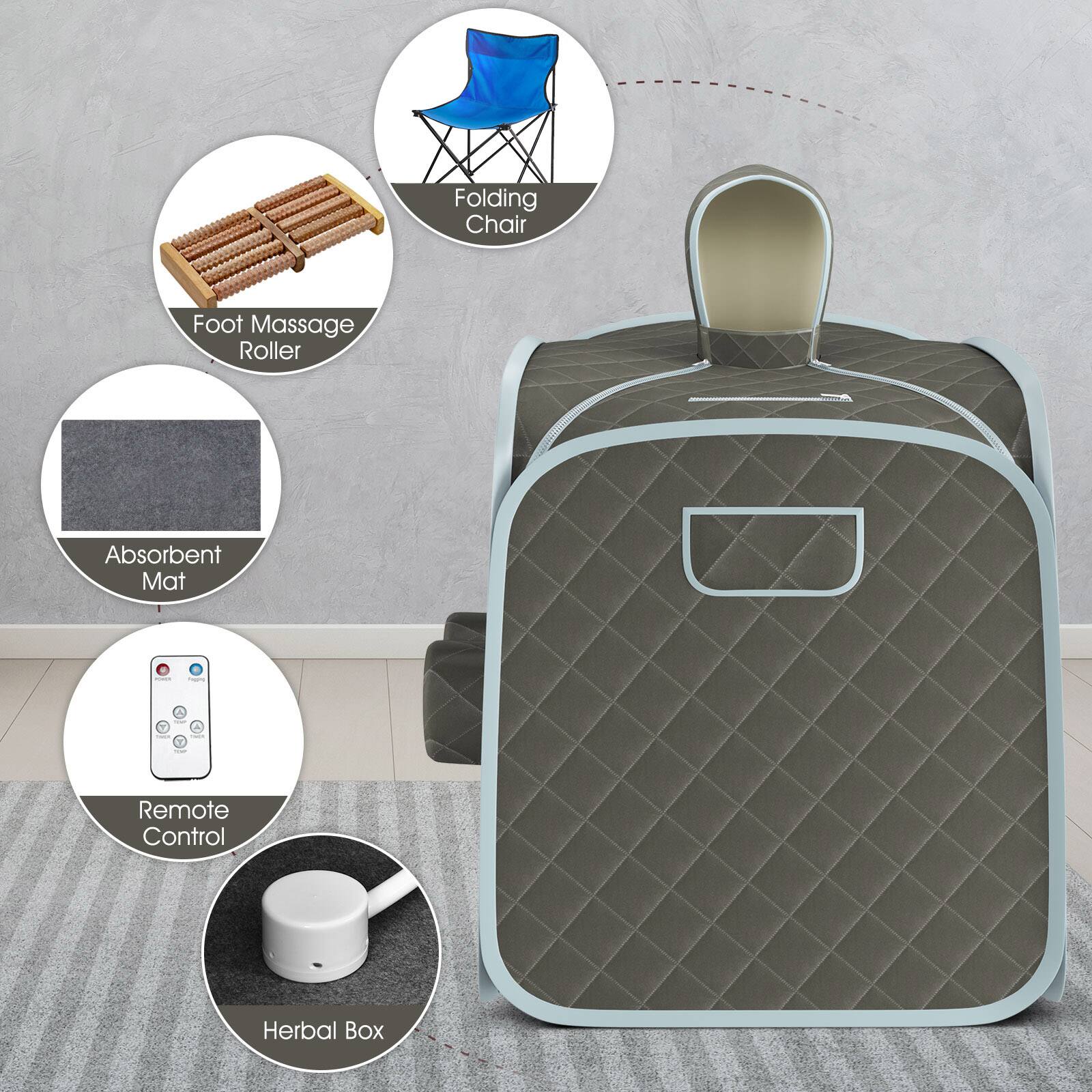 The text on the image is already grouped and correctly labeled. The items include a folding chair, foot massage roller, absorbent mat, remote control, and herbal box.