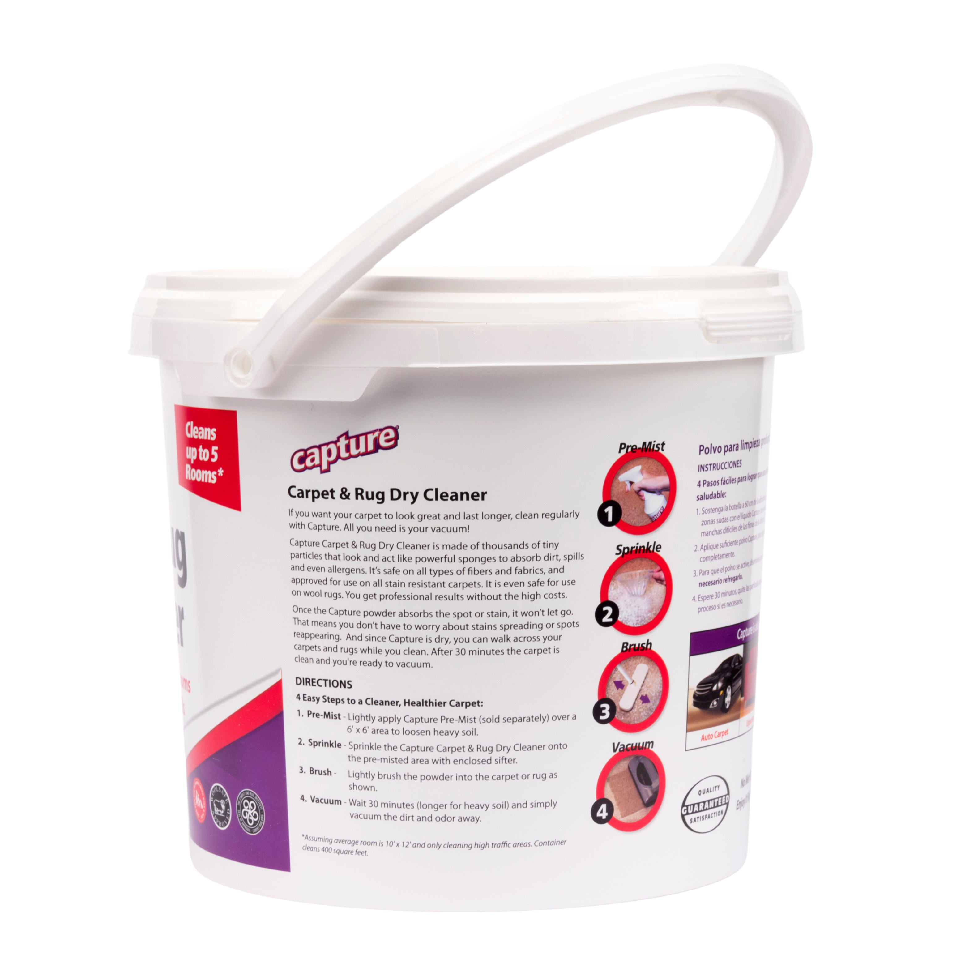 **Capture Carpet & Rug Dry Cleaner**

Cleans up to 5 Rooms*

If you want your carpet to look great and last longer, clean regularly with Capture. All you need is your vacuum!

Capture Carpet & Rug Dry Cleaner is made of thousands of tiny particles that look and act like powerful sponges to absorb dirt, spills, and even allergens. It's safe on all types of fibers and fabrics, and even safe for wool rugs. You get professional results without the high costs. Once Capture powder absorbs the stain or spill, it won't let it reappear. That means you don't have to worry about stains spreading or reappearing. And since Capture is dry, you can walk across your carpets and rugs while you clean. After 30 minutes, the carpet is clean and you're ready to vacuum.

**DIRECTIONS: Easy Steps to a Cleaner, Healthier Carpet:**

1. **Pre-Mist**  
   Lightly apply Capture Pre-Mist (sold separately) over the area to loosen heavy soil.

2. **Sprinkle**  
   Sprinkle the Capture Carpet & Rug Dry Cleaner onto the pre-misted area with enclosed sifter.

3. **Brush**  
   Lightly brush the powder into the carpet.

