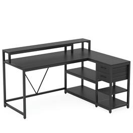 Kadyn - Study Writing Desk, Computer Desk,Reversible L-Shaped Desk, Industrial Corner Desk with Drawer & Shelves - Black