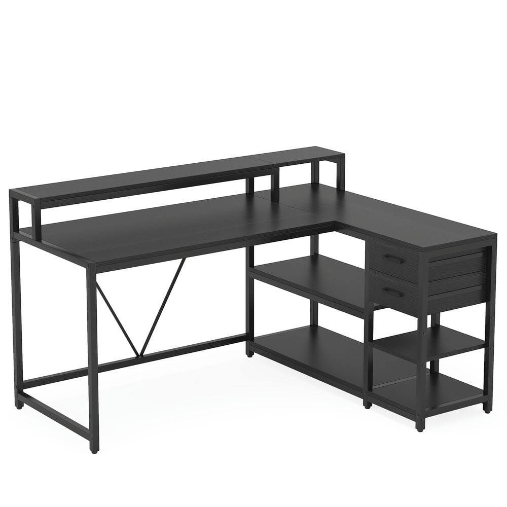 Front. Kadyn - Kadyn Study Writing Desk, Computer Desk,Reversible L-Shaped Desk, Industrial Corner Desk with Drawer & Shelves,Black - Black.