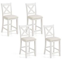 Costway - Rubber Wooden Bar Stools Set of 4 with Footrest Comfortable Linen Cushion - White
