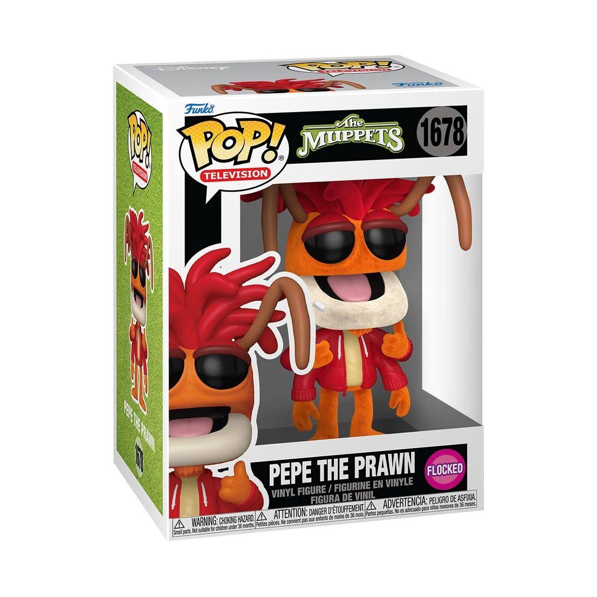 Sure, here is the corrected and grouped text from the image:

---

**Funko POP!**  
**TELEVISION**  
**The Muppets**  
**1678**

**PEPE THE PRAWN**  
**VINYL FIGURINE EN VINYLE**  
**FIGURA DE VINIL**  
**FLOCKED**

**WARNING: CHOKING HAZARD**  
**ATTENTION: DANGER DE TOUFFEMENT**  
**ADVERTENCIA: PELIGRO DE ASFIXIA**  
**Small parts. Not for children under 3 years.**  
**Pequeñas piezas. No apto para niños menores de 3 años.**

**Funko**  
**© Disney**

---