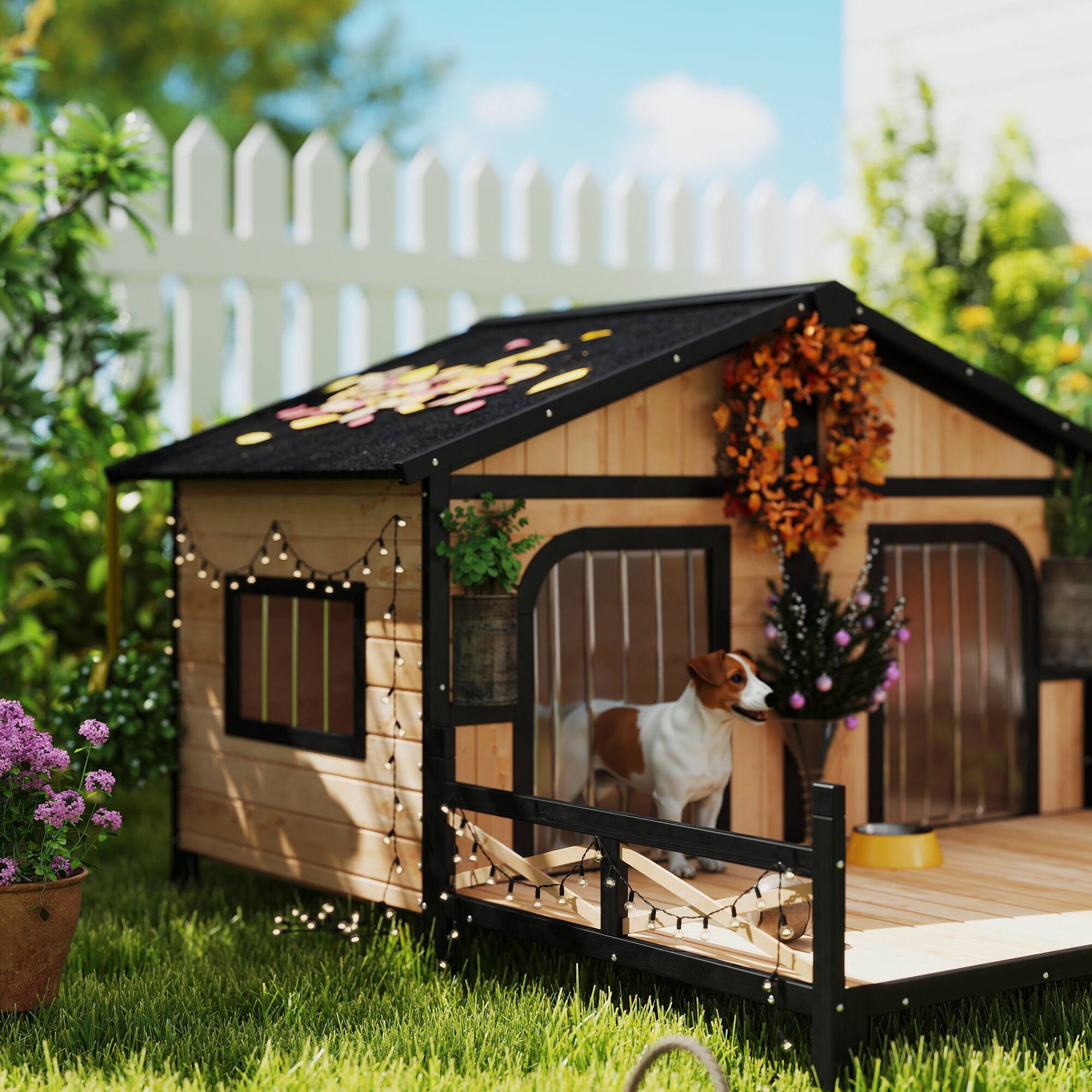 Alt View 5. Pawhut - Dog House Outdoor, Wooden, Double Room, Openable Roof, Removable Bottom, Small to Medium Dogs.