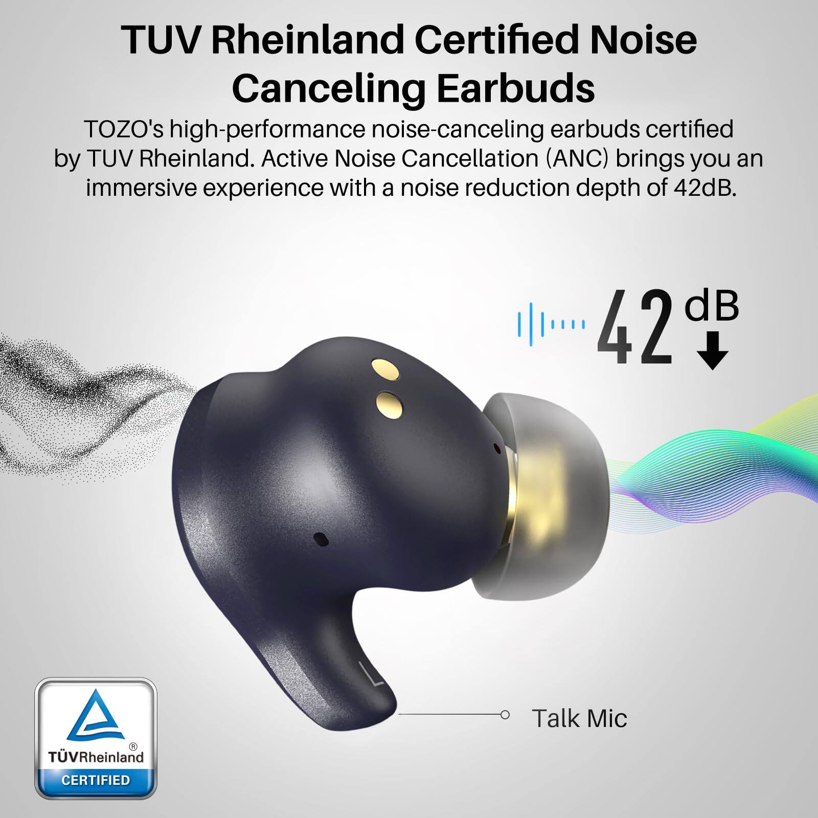 TUV Rheinland Certified Noise Canceling Earbuds, TOZO's high-performance noise-canceling earbuds certified by TUV Rheinland. Active Noise Cancellation (ANC) brings you an immersive experience with a noise reduction depth of 42dB. Talk Mic, 42 dB, TUV Rheinland CERTIFIED.