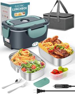 RTMB - 1.5L 80W Electric Lunch Box Food Heater w/ Dual Containers Stainless Steel - Gray Blue
