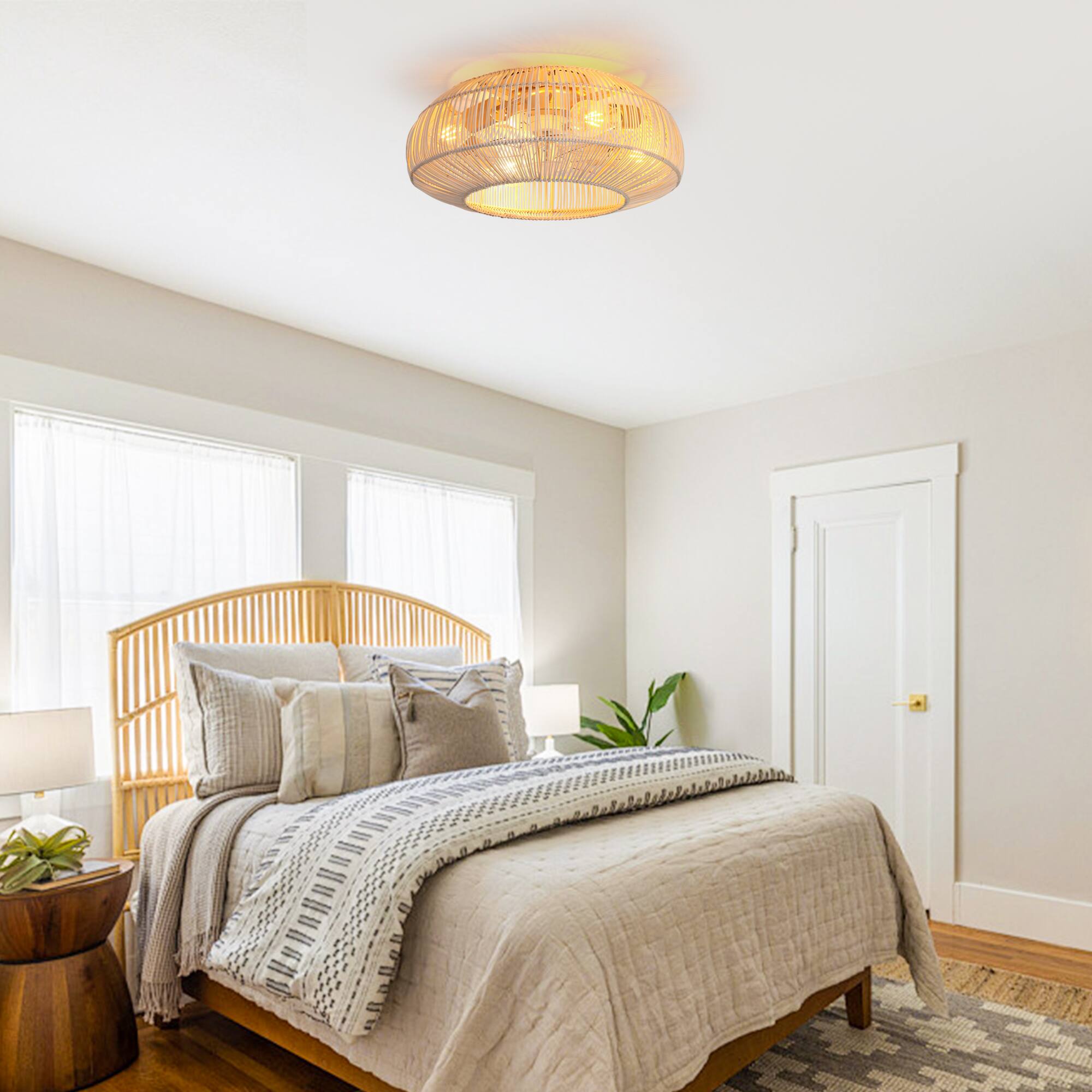 Back. Parrot Uncle - 20" Coastal Weave Rattan Gold Flush Mount Caged Ceiling Fan with Remote - Gold.