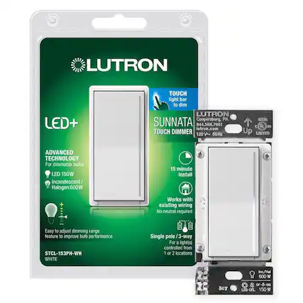 LUTRON LED+ TOUCH light bar to dim
LUTRON
Coopersburg, PA
SUNNATA
844.588.7661
lutron.com
TOUCH DIMMER
120V
60Hz
6B38
C Ug US Up LISTED
ADVANCED TECHNOLOGY
For dimmable bulbs
LED 150W
Incandescent/ Halogen 600W
15 minute install
Works with existing wiring
No neutral required
Easy to adjust dimming range feature to improve bulb performance
STCL-153PH-WH
WHITE
Single pole / 3-way
For a light(s) controlled from 1 or 2 locations
SC7
Inc/Hal 600 W or CFL 150 W