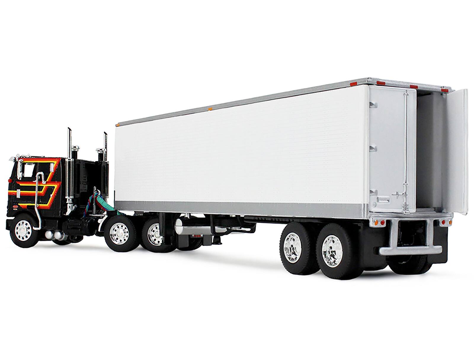 Left. First Gear - Peterbilt 352 COE 86" Sleeper and 40' Vintage Trailer with Reefer Black with Stripes 1/64 - Multi.