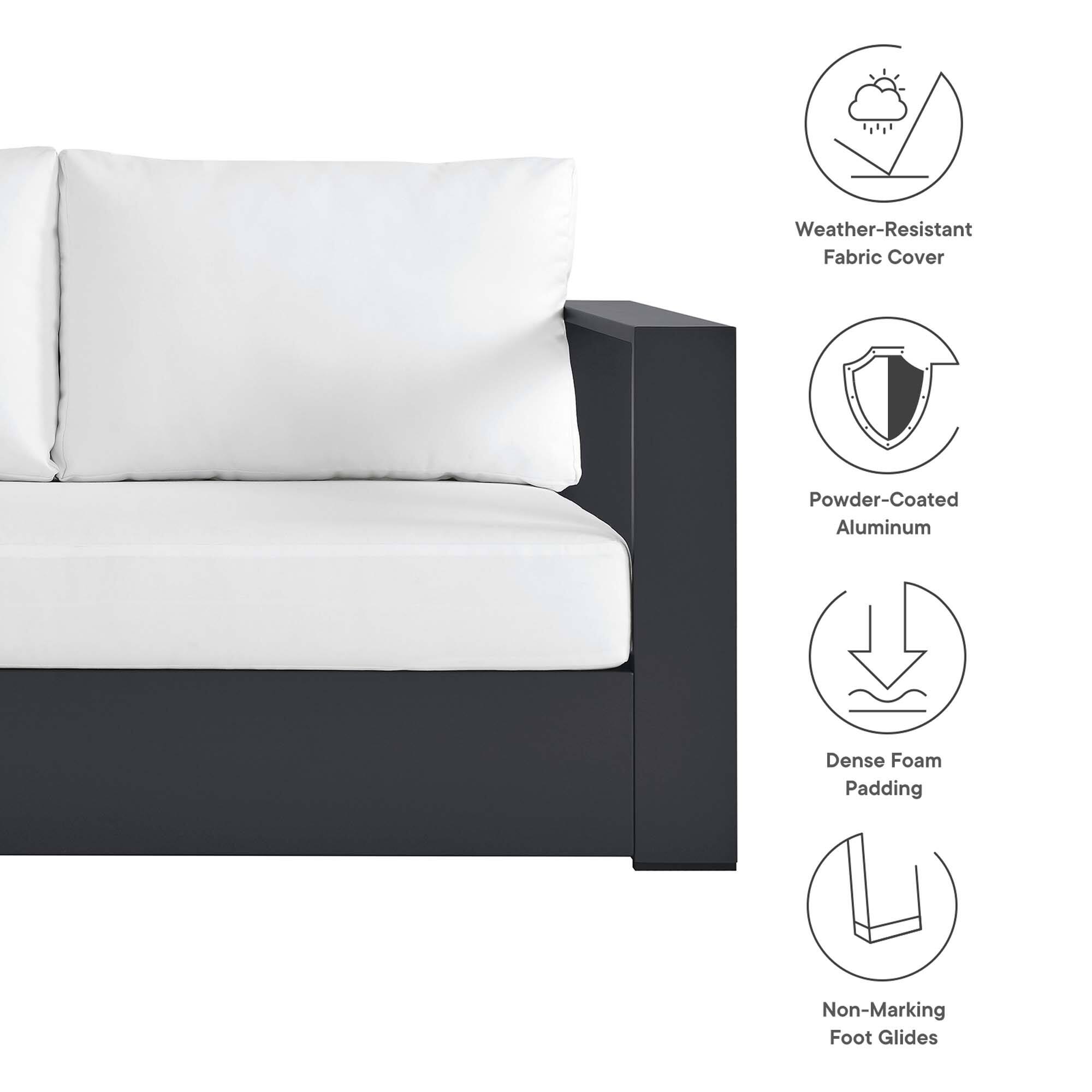 Weather-Resistant Fabric Cover  
Powder-Coated Aluminum  
Dense Foam Padding  
Non-Marking Foot Glides