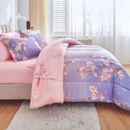 Front. Earthley Blooms - And Light Queen Comforter Set With Sheets Bed In A Bag 7pieces Branches Flowers Printing Design Ultra Soft - Blossom Stem-Queen-7 Pieces.