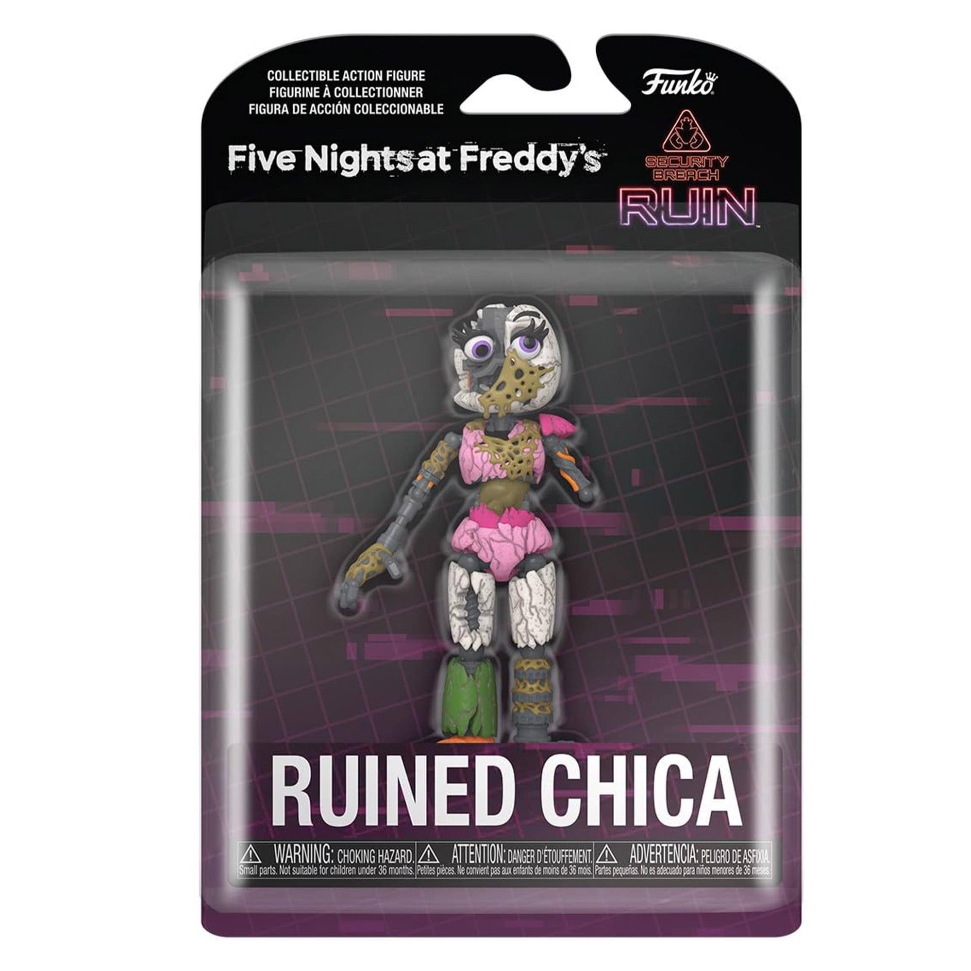 COLLECTIBLE ACTION FIGURE  
FIGURINE À COLLECTIONNER  
FIGURA DE ACCIÓN COLECCIONABLE  

Five Nights at Freddy's  
SECURITY BREACH  
RUIN  

RUINED CHICA  

WARNING: CHOKING HAZARD.  
ATTENTION: DANGER DE TOUFFEMENT.  
ADVERTENCIA: PELIGRO DE ASFIXIA  

Small parts. Not suitable for children under 36 months.  
Petites pièces. Ne convient pas aux enfants de moins de 36 mois.  
Partes pequeñas. No son adecuadas para niños menores de 36 meses.