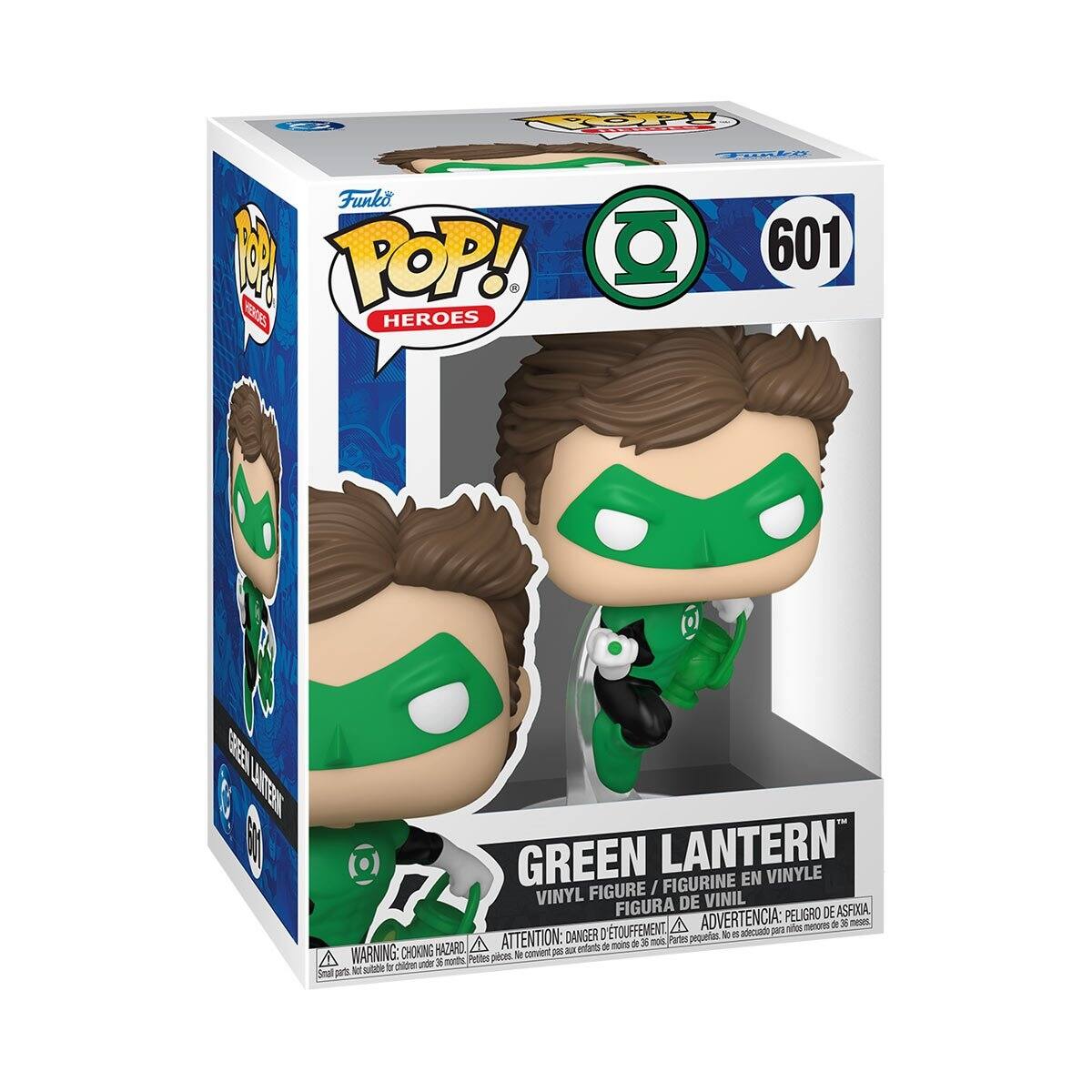 Sure, here is the corrected and grouped text from the image:

---

**Front:**
- **Funko POP!**
- **HEROES**
- **601**
- **GREEN LANTERN**
- **VINYL FIGURE / FIGURINE EN VINYLE / FIGURA DE VINIL**

**Warnings:**
- **WARNING: CHOKING HAZARD - Small parts. Not for children under 3 years.**
- **ATTENTION: PELIGRO DE ASFIXIA - Piezas pequeñas. No es adecuado para menores de 3 años.**

**Side:**
- **Funko POP!**
- **HEROES**
- **601**
- **GREEN LANTERN**

**Bottom:**
- **WARNING: CHOKING HAZARD - Small parts. Not for children under 3 years.**
- **ATTENTION: PELIGRO DE ASFIXIA - Piezas pequeñas. No es adecuado para menores de 3 años.**

---