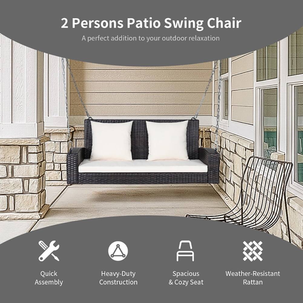2 Persons Patio Swing Chair  
A perfect addition to your outdoor relaxation  

- Quick Assembly  
- Heavy-Duty Construction  
- Spacious & Cozy Seat  
- Weather-Resistant Rattan
