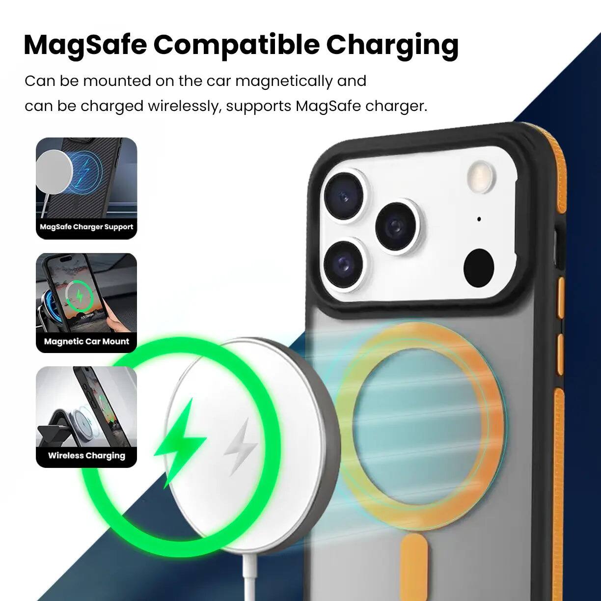 MagSafe Compatible Charging  
Can be mounted on the car magnetically and can be charged wirelessly, supports MagSafe charger.  

MagSafe Charger Support  
Magnetic Car Mount  
Wireless Charging