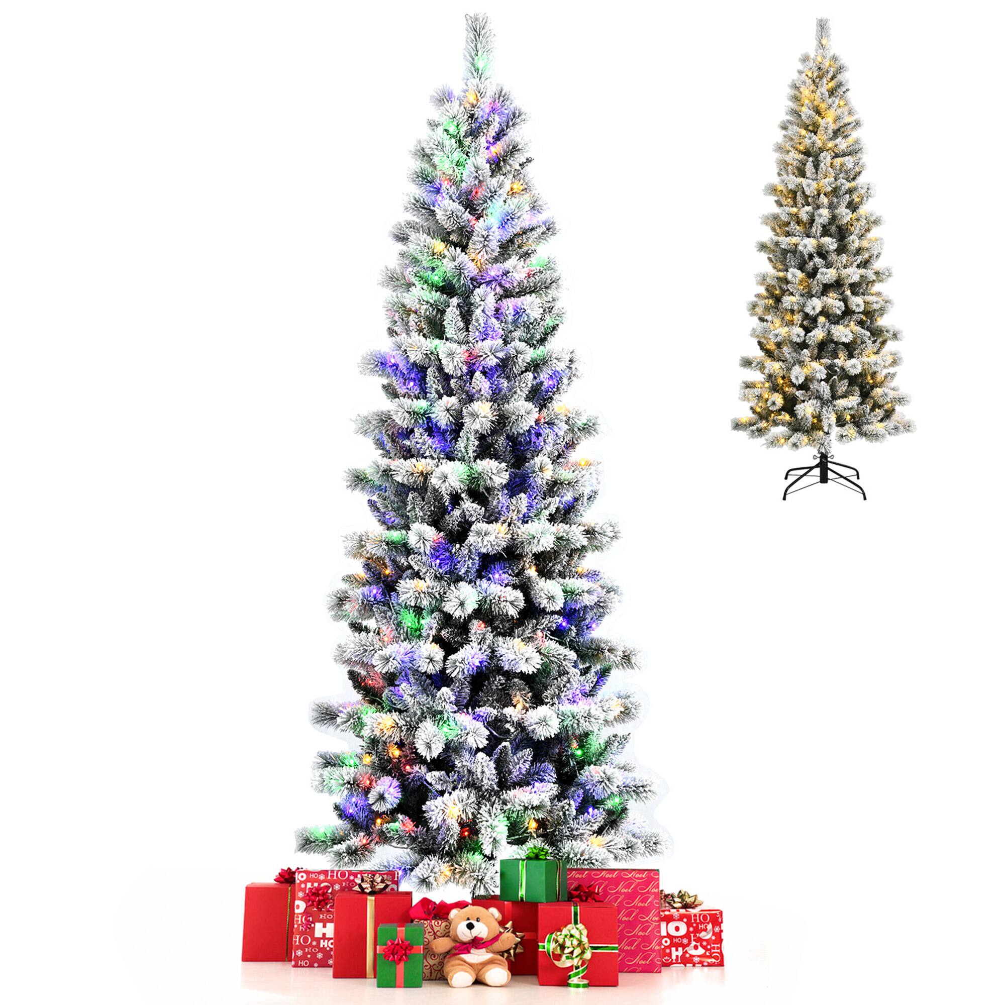 Gymax - 7.5 ft Pre-lit Snow Flocked Artificial Christmas Tree w/ Multi-Color LED Lights - White
