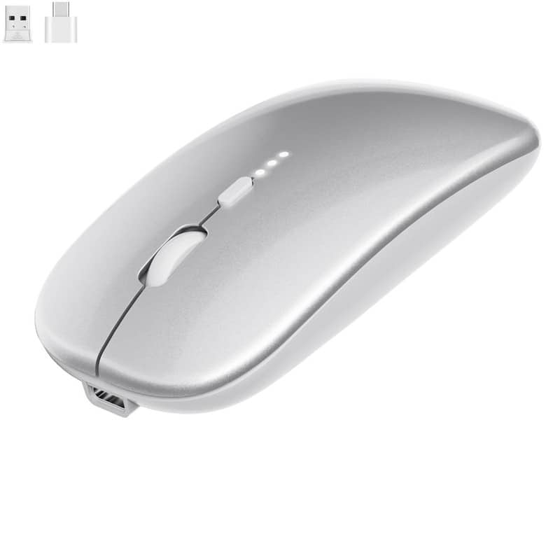 SKRAN - Slim Rechargeable Wireless Silent Mouse - 2.4G & BT, Adjustable DPI, Power Display for Office, Travel, Students & Pros - Wireless - Silver