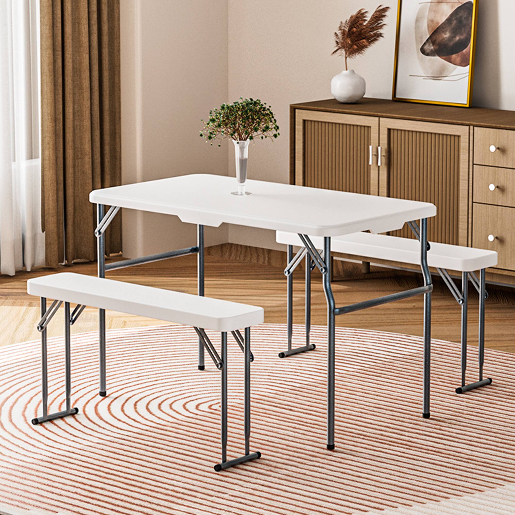 Left. Decksplore - Portable Folding Camping RV Picnic Table and Bench Set - White.