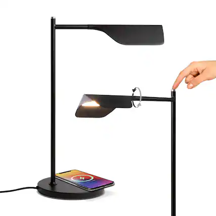 Front. Brightech - Leaf LED Modern Industrial Arc Dimmable Bedside Nightstand Desk Lamp with Wireless Charging Pad - Classic Matte Black.