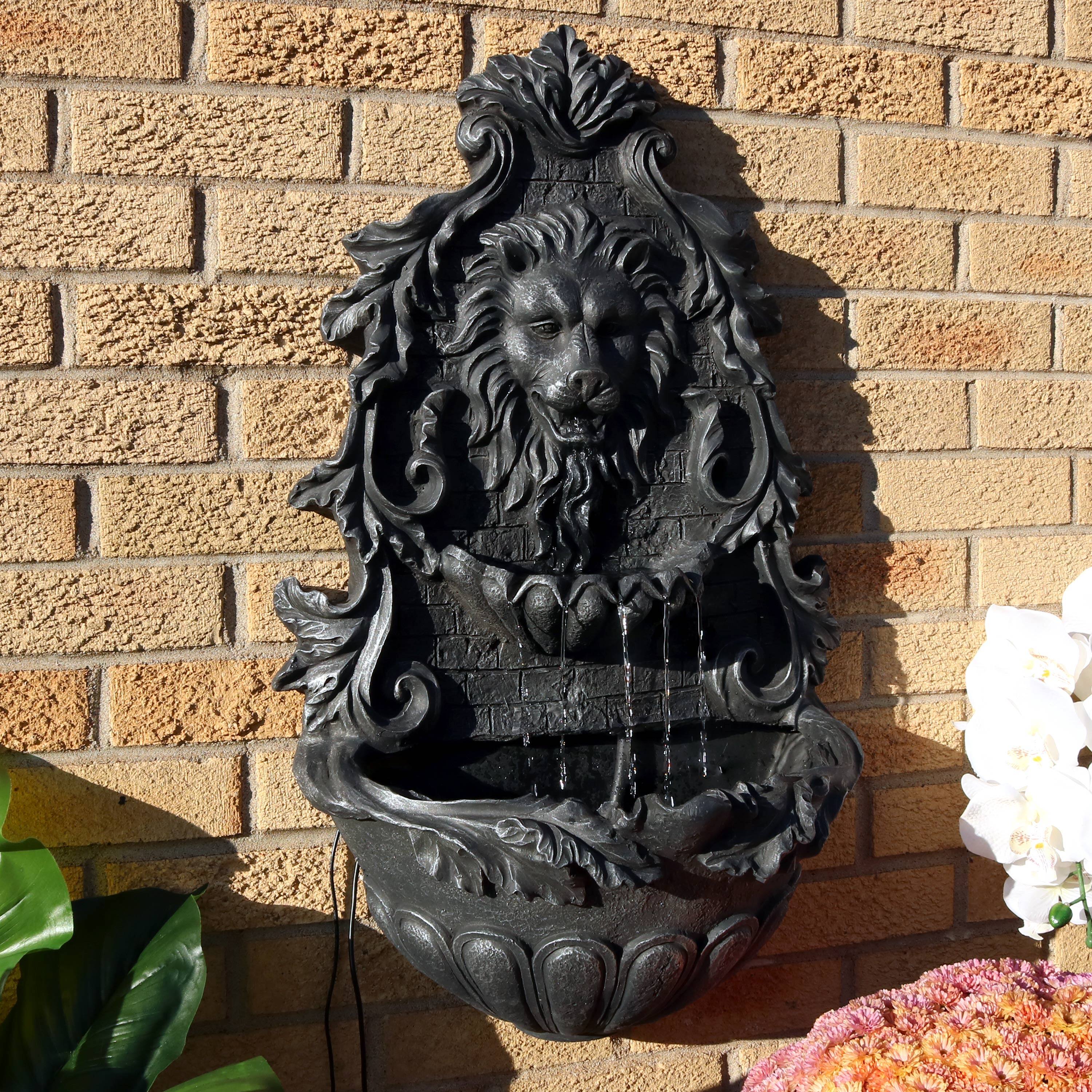 Alt View 2. Sunnydaze - Stoic Courage Lion Head Polyresin Outdoor Solar Wall Fountain - Grey.