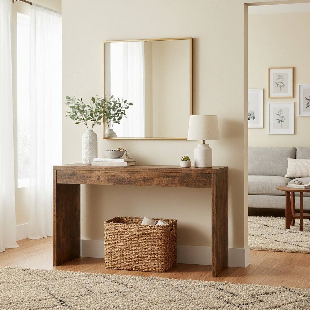 Back. FurniFact - Console Desk, Brown, 48 Inch - Barnwood.