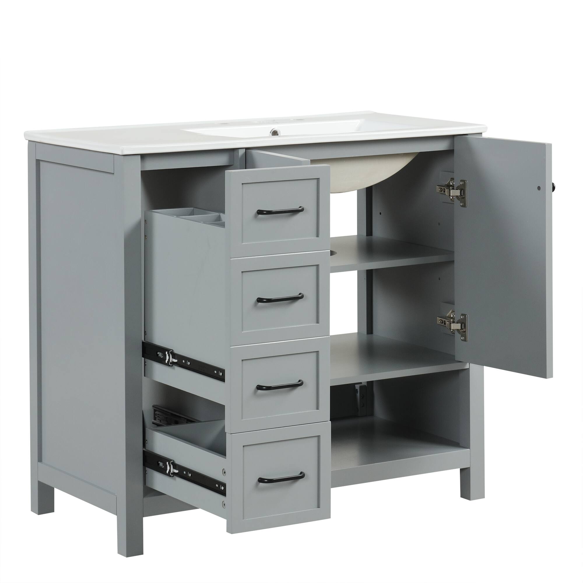 Alt View 1. Whisen - 36 Inch Bathroom Vanity with Right Side Ceramic Sink Combo and Single Open Shelf Storage Cabinet - Gray.