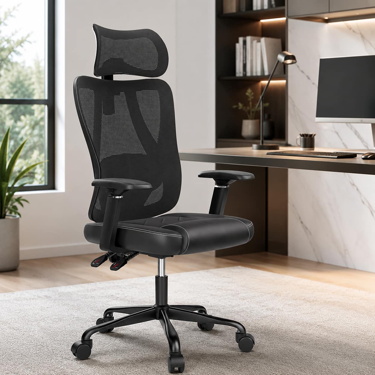 ACGAM - CG-5455M Ergonomic Office Chair, High Back Breathable Mesh Chair w/ Adjustable Lumbar Support, Headrest & Armrests,Tilt - Black