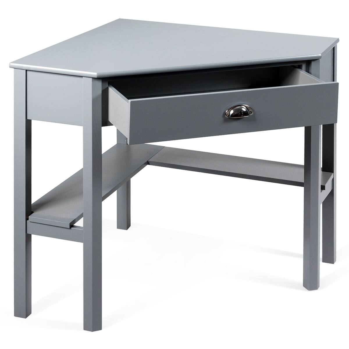 Costway - Triangle Computer Desk Corner Office Desk Laptop Table w/ Drawer Shelves - Gray