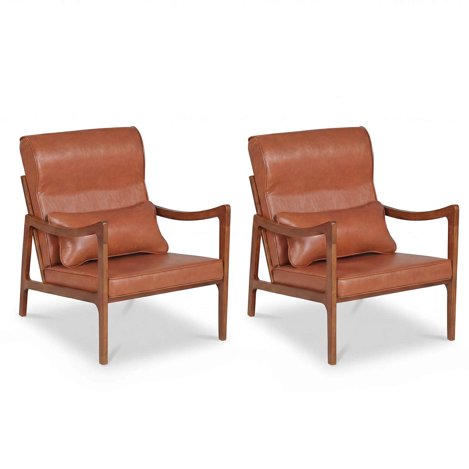 Costway - 2 PCS Faux Leather Upholstered Armchair with Lumbar Pillow, Removable Back - Brown