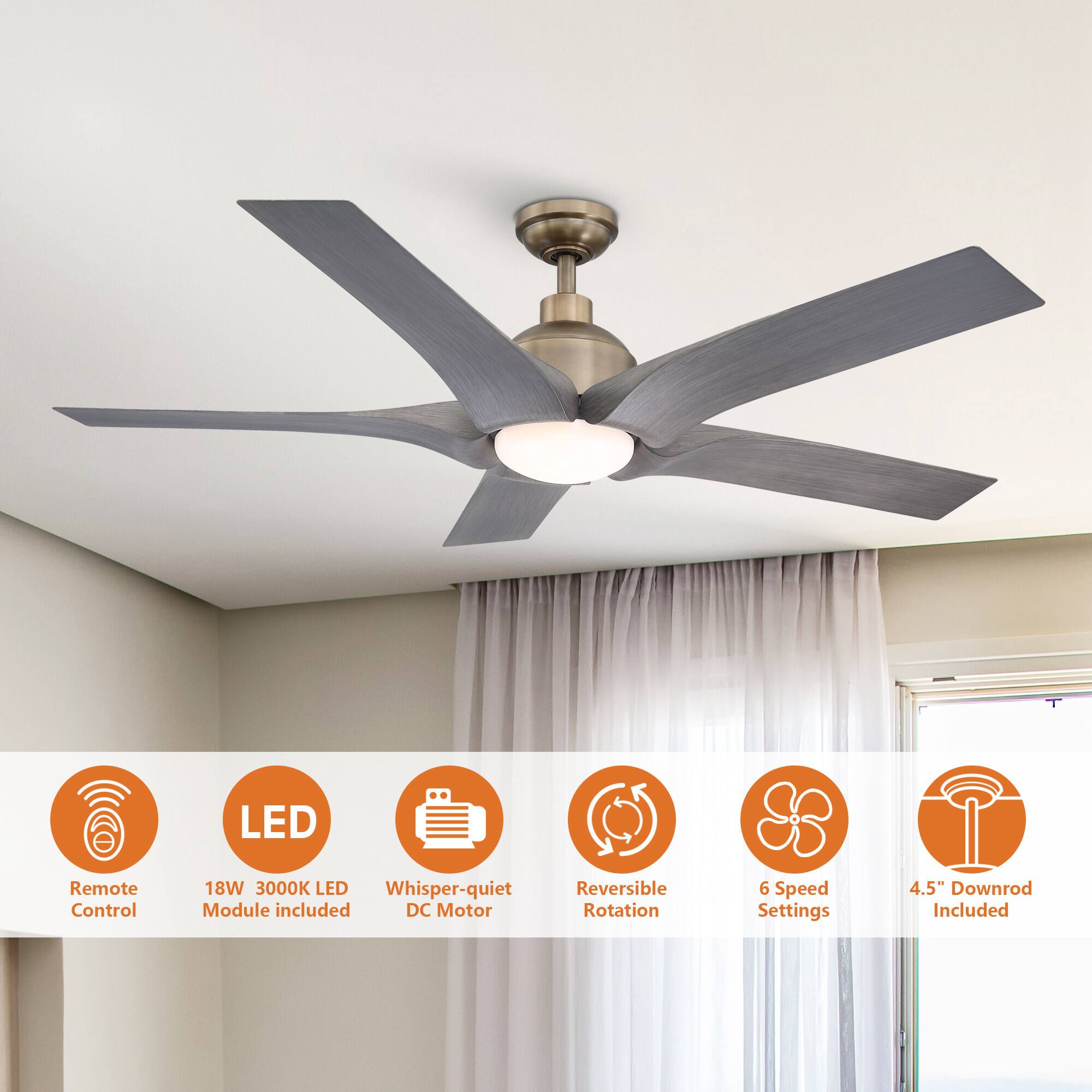 LED Remote Control  
18W 3000K LED  
Whisper-quiet DC Motor  
Reversible Rotation  
6 Speed Settings  
4.5" Downrod Included