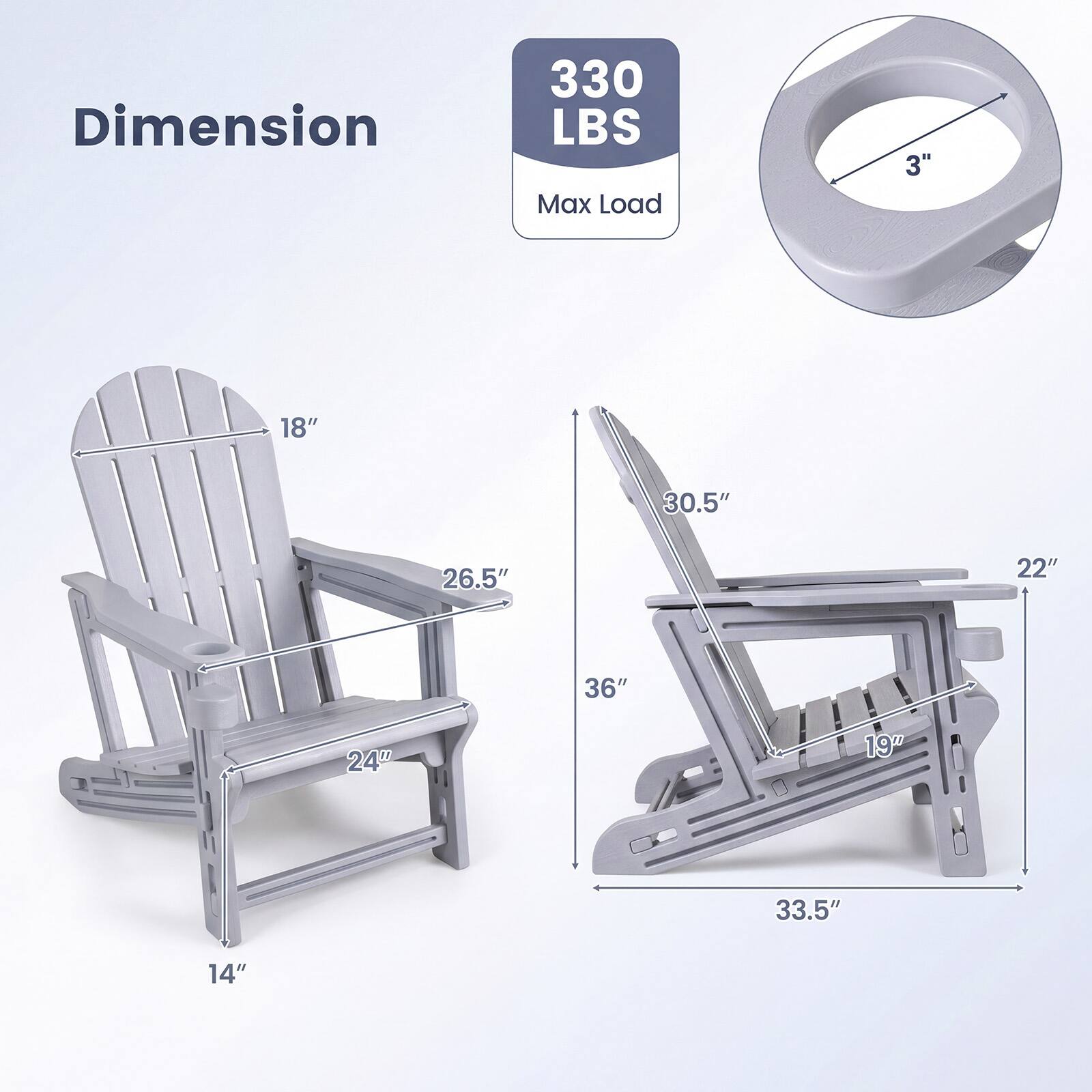 Dimension  
330 LBS Max Load  
3"  
18"  
30.5"  
26.5"  
22"  
36"  
24"  
19"  
33.5"  
14"