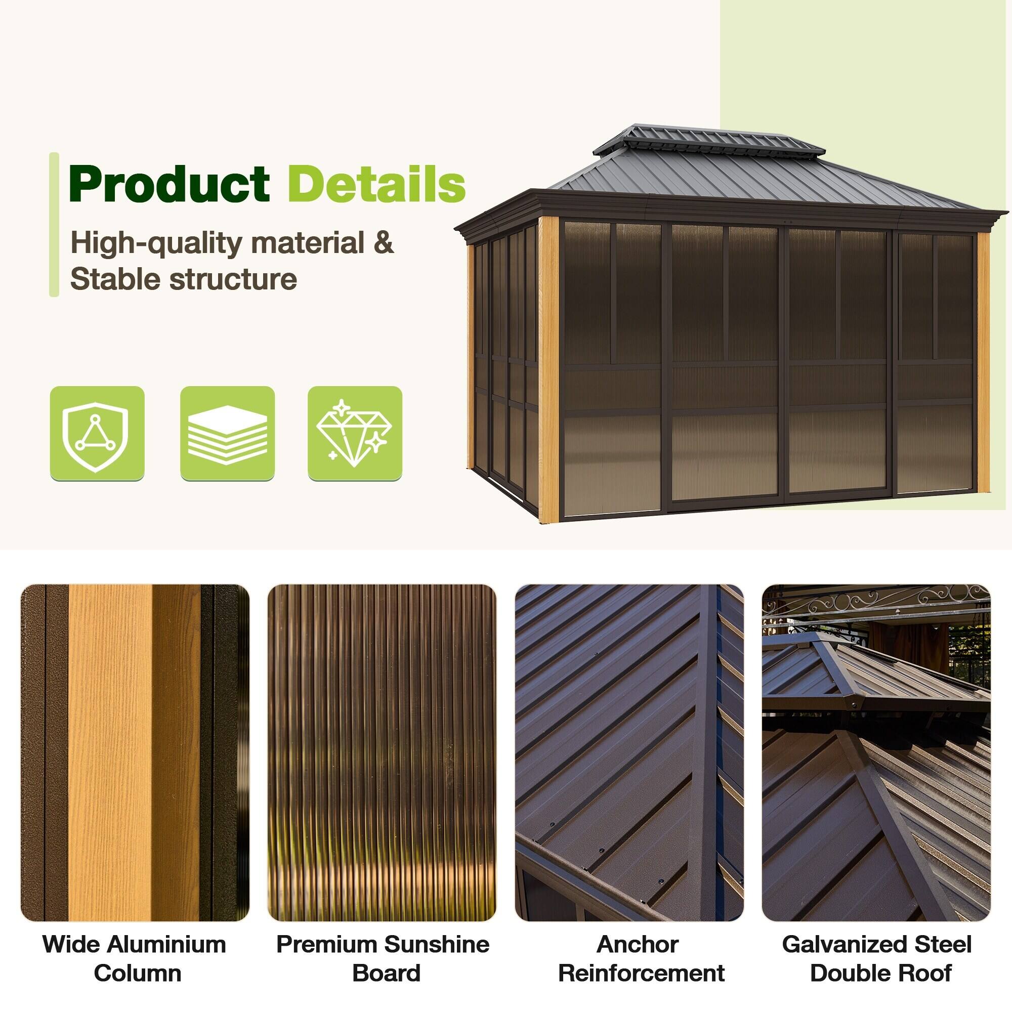 Product Details  
High-quality material & Stable structure  

- Wide Aluminium Column  
- Premium Sunshine Board  
- Anchor Reinforcement  
- Galvanized Steel Double Roof