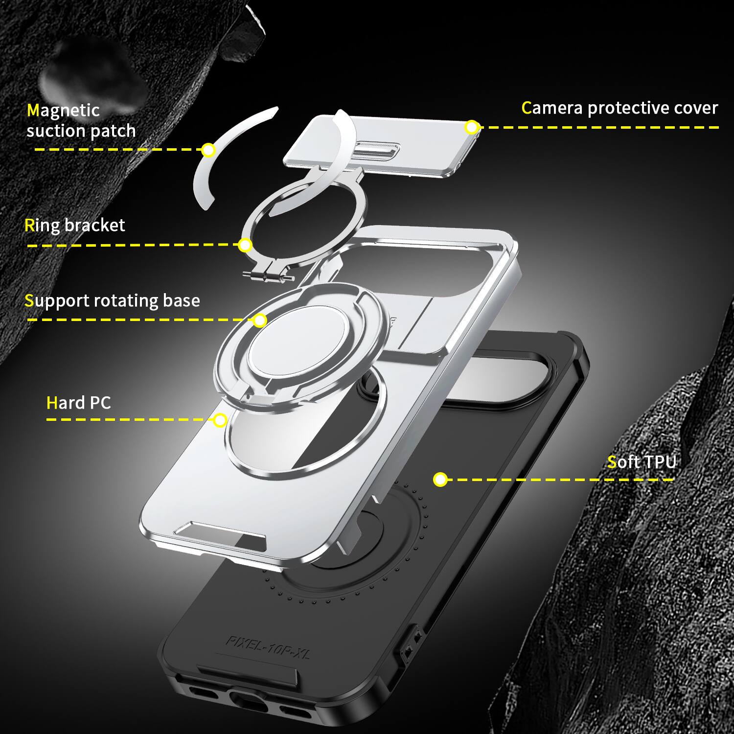 Magnetic suction patch  
Camera protective cover  
Ring bracket  
Support rotating base  
Hard PC  
Soft TPU  
PIXEL-10P-XL