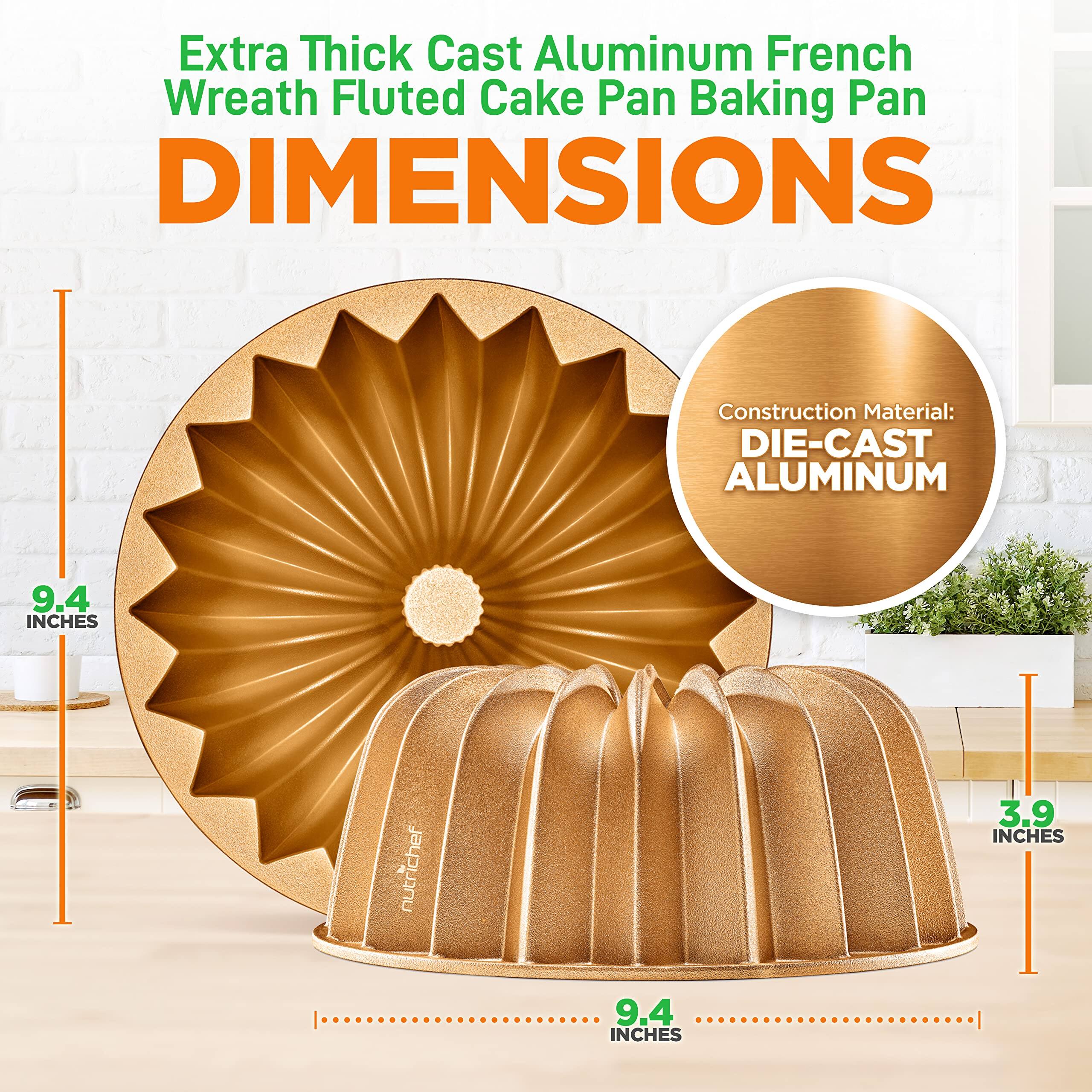 Extra Thick Cast Aluminum French Wreath Fluted Cake Pan Baking Pan

DIMENSIONS

Construction Material: DIE-CAST ALUMINUM

9.4 INCHES  
3.9 INCHES  
9.4 INCHES