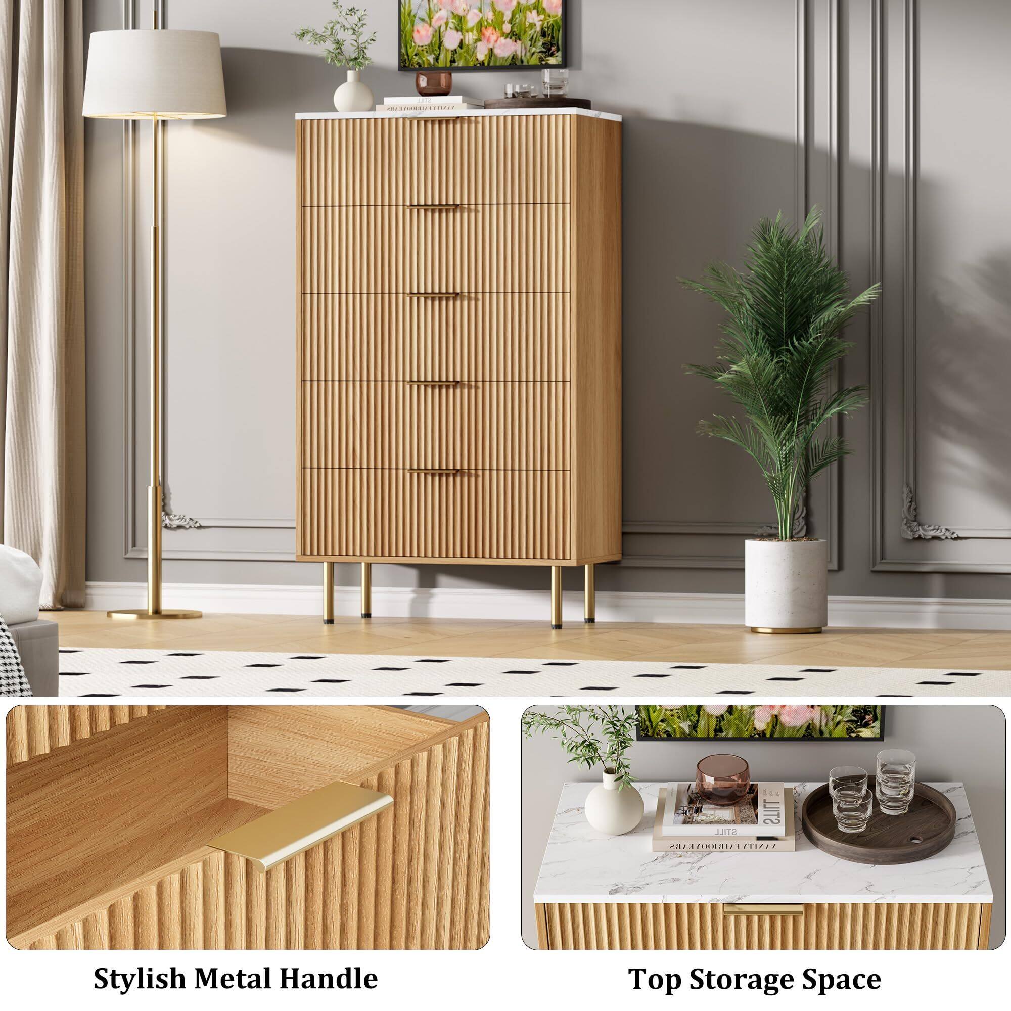 Alt View 5. Acekool - 5 Drawers Dresser for Bedroom, Fluted Dresser Chest of Drawers with Handle, Wood Modern Dressers for Closet - Yellow.