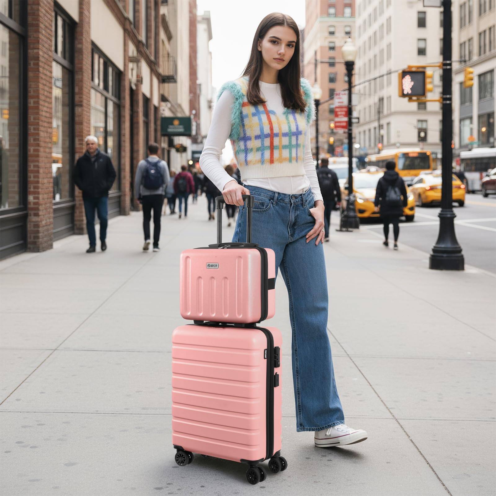 Alt View 1. Brick Attic - 20" Carry On Luggage 14" Mini Cosmetic Cases Luggage Sets Hardside PC ABS Lightweight USB Suitcase with Wheels TSA - Pink.