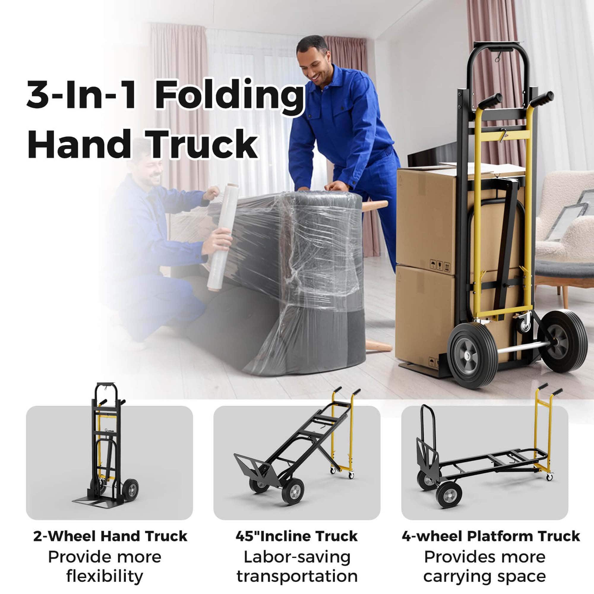 3-In-1 Folding Hand Truck: This hand truck features a folding design that allows for easy storage and transportation. It has a 2-wheel design and provides labor-saving transportation for carrying items.
2-Wheel Hand Truck: This hand truck has a 2-wheel design and is ideal for transporting items in tight spaces. It provides flexibility and labor-saving transportation.
45"Incline Truck: This hand truck features a 45-degree incline, making it perfect for transporting items up and down stairs or ramps. It provides more flexibility and labor-saving transportation.
4-wheel Platform Truck: This hand truck has a 4-wheel platform design, providing a stable and secure surface for transporting items. It offers more flexibility and labor-saving transportation.