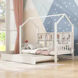 GOODSILO - Wooden Twin Size Playhouse Bed with Trundle and Storage Shelf for Kids, Sturdy and Space-Saving Design - White