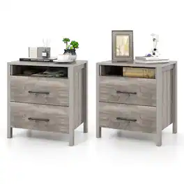 Gymax - 2 PCS Nightstand w/ 2 Drawers Farmhouse Bed Side Table w/ Open Storage Shelf - Gray
