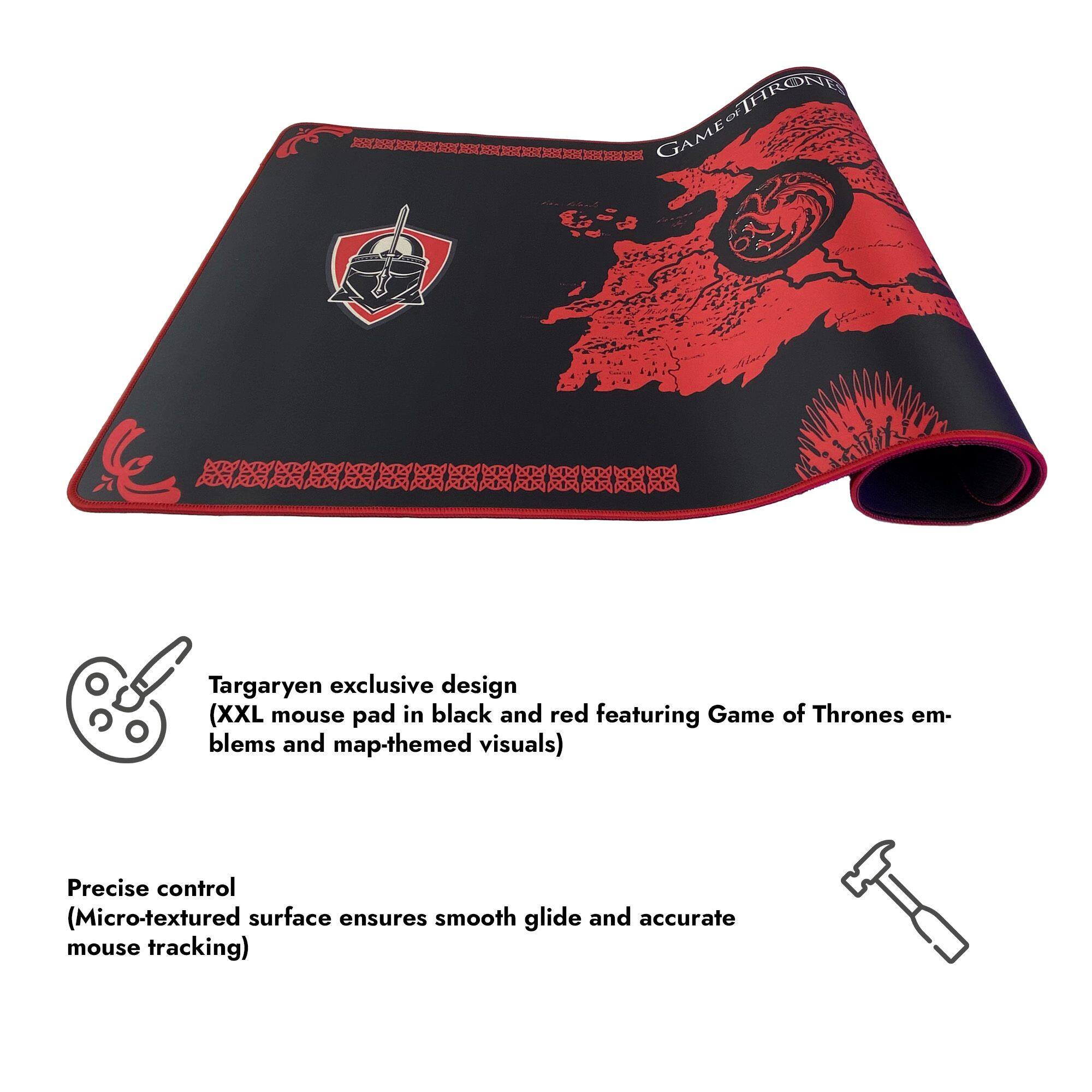 GAME OF THRONES Targaryen exclusive design (XXL mouse pad in black and red featuring Game of Thrones emblems and map-themed visuals) Precise control (Micro-textured surface ensures smooth glide and accurate mouse tracking)