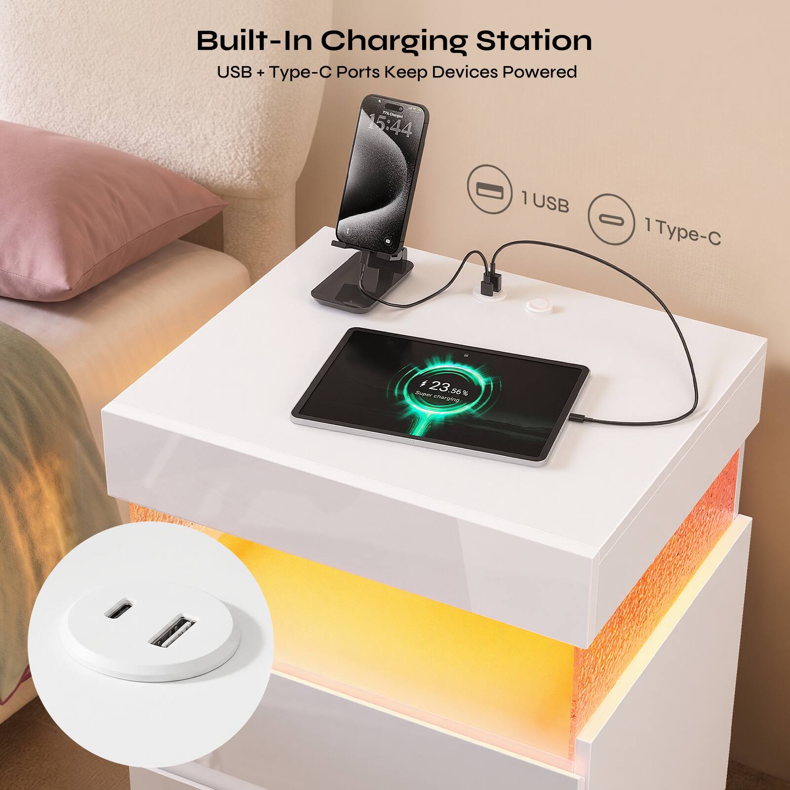 Built-In Charging Station  
USB + Type-C Ports Keep Devices Powered  

1 USB  
1 Type-C  
23 Super charging 56%