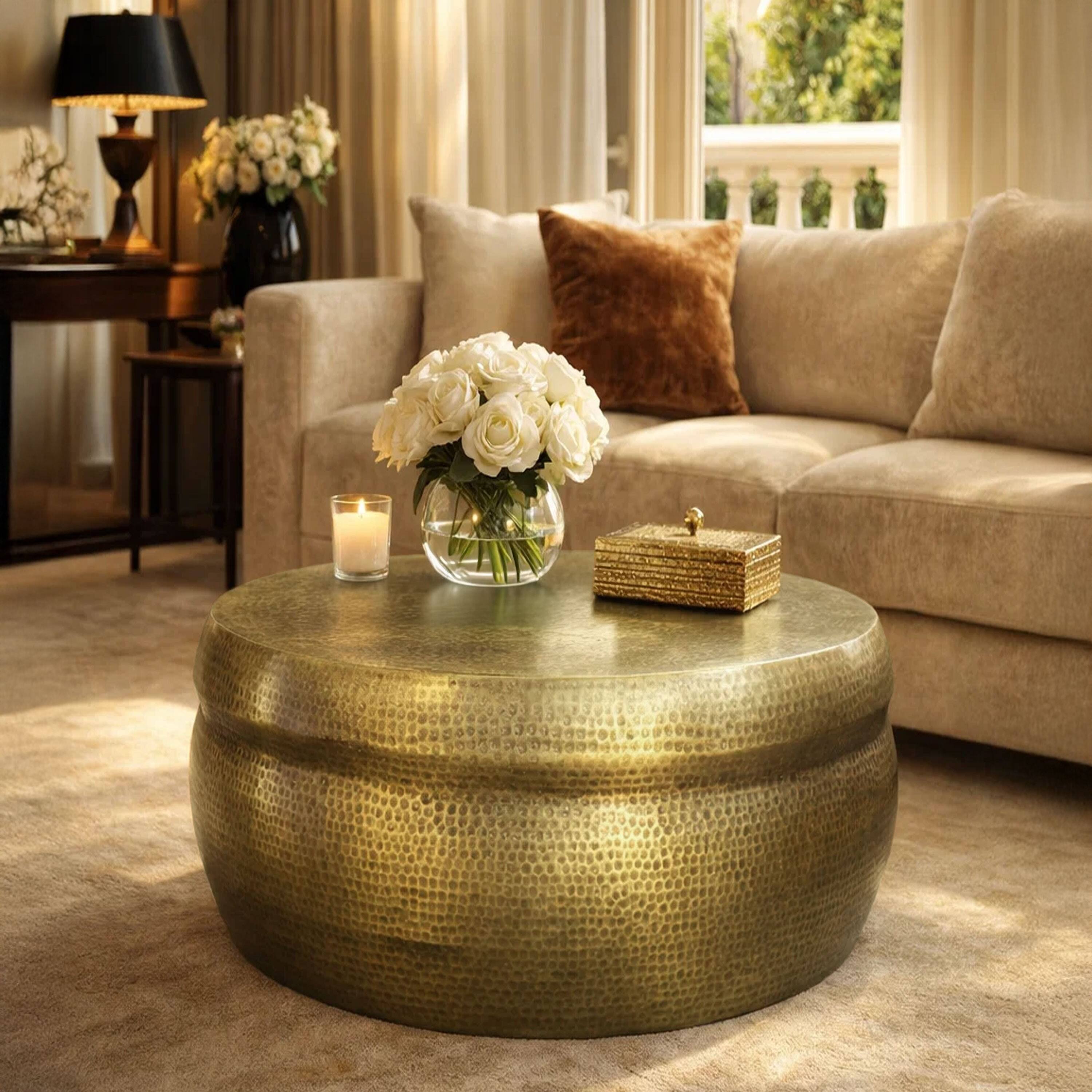 Alt View 7. Manhattan Lane - 32 Inch Artisanal Round Drum Coffee Table, Hammered Embossed Texturing, Aluminum - Brass.